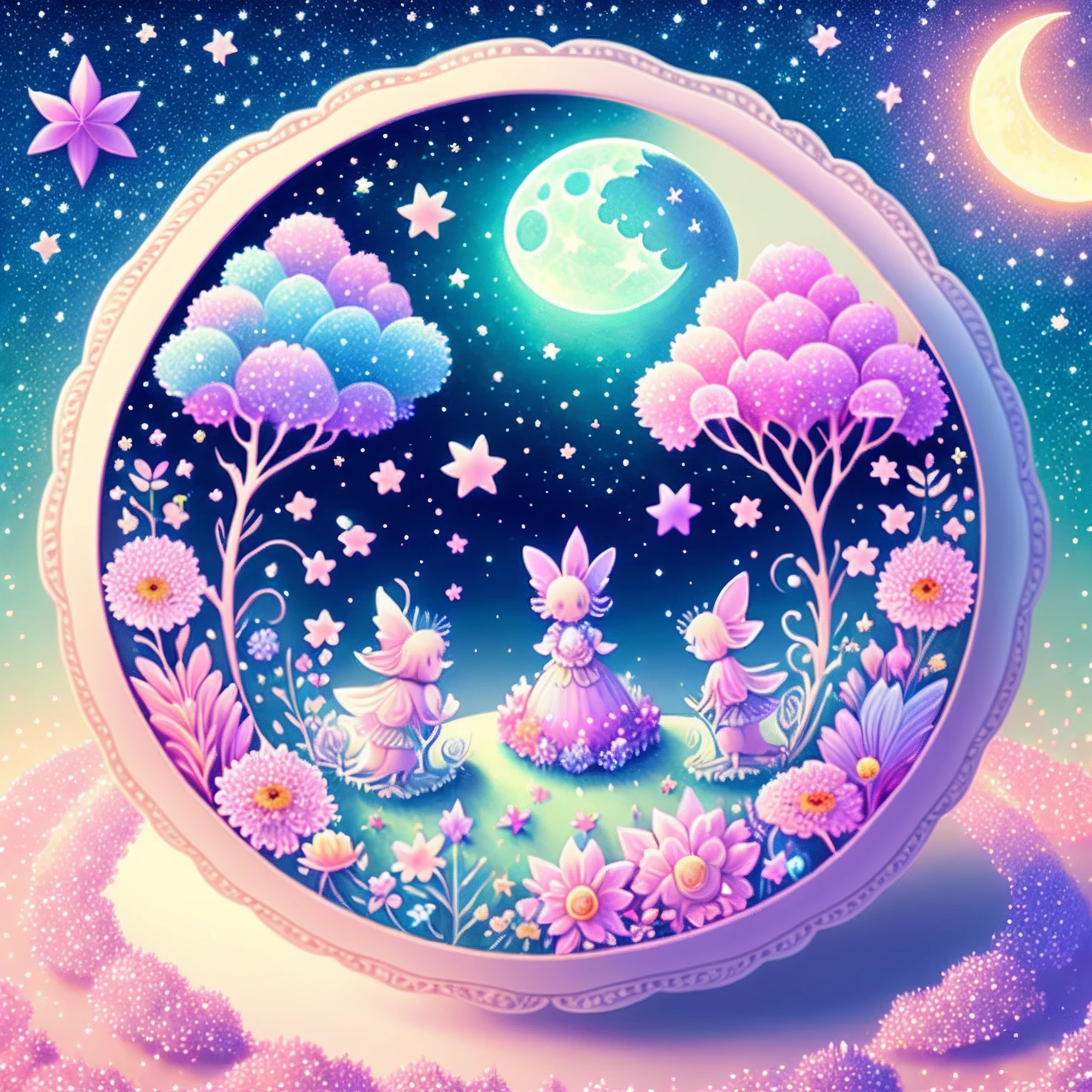 A whimsical scene with fairies, flowers, moon and stars, magical creatures, printable,8k, pastel color --auto