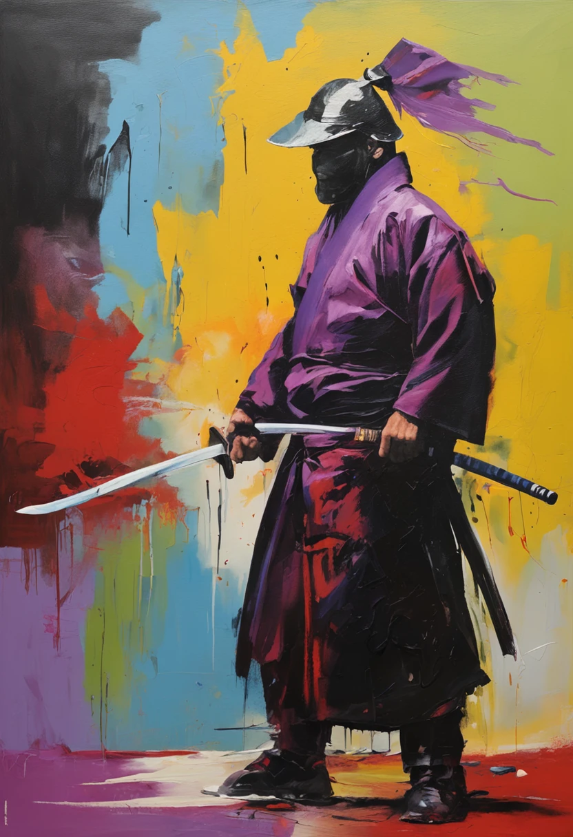 Male samurai，mid-air，Draw the knife and chop，the night，Black and purple clothes，Blue-purple background，the street，Helpless gangsters with guns，The knife is shining，Maniac，guro，slaughter，