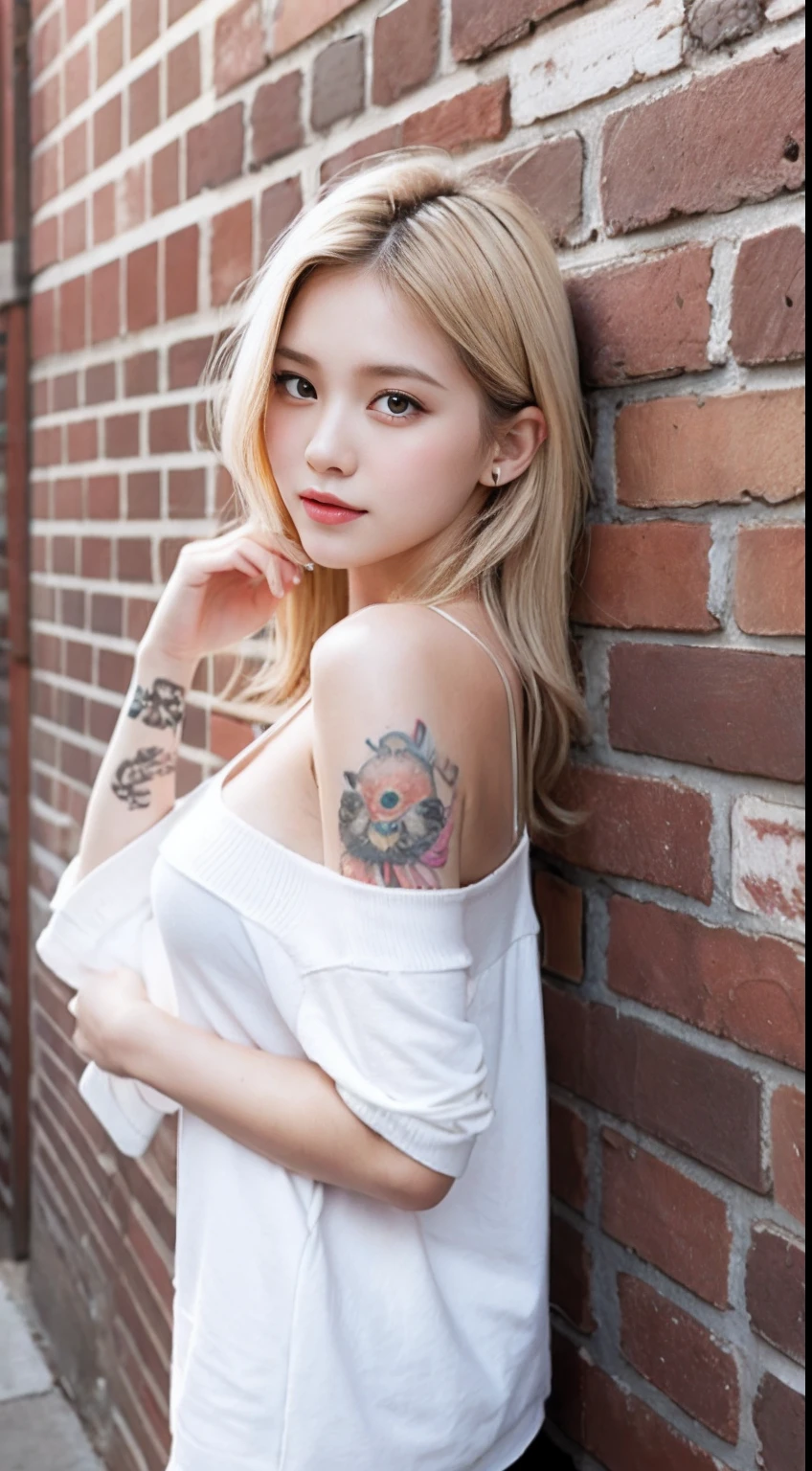 On a brick wall. Draw graffiti. White circle background, Cute cool blonde locker with naked tattooed young girl, An owl on her shoulder