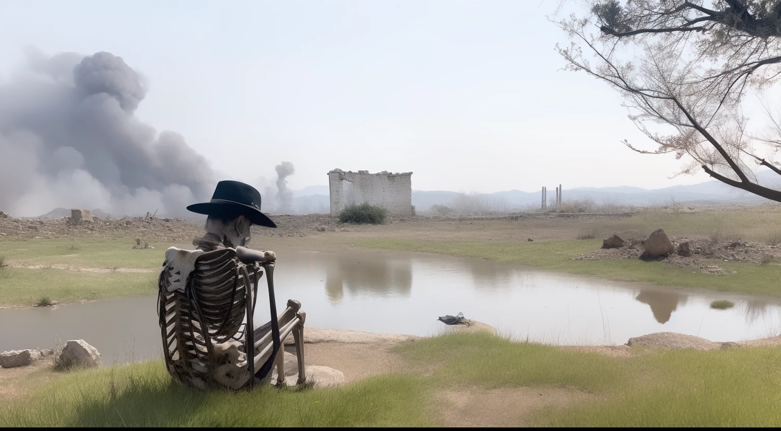 There was a skeleton sitting on a rock,Face away from the camera, Sit on the edge of a dry riverbed, In ruins,废墟, Sitting in the ruins, Sit by the ruins, Back-facing skeletons, Background war, Desolate horror The background is ruins, Black smoke in the background, Background ruins, In the ruins