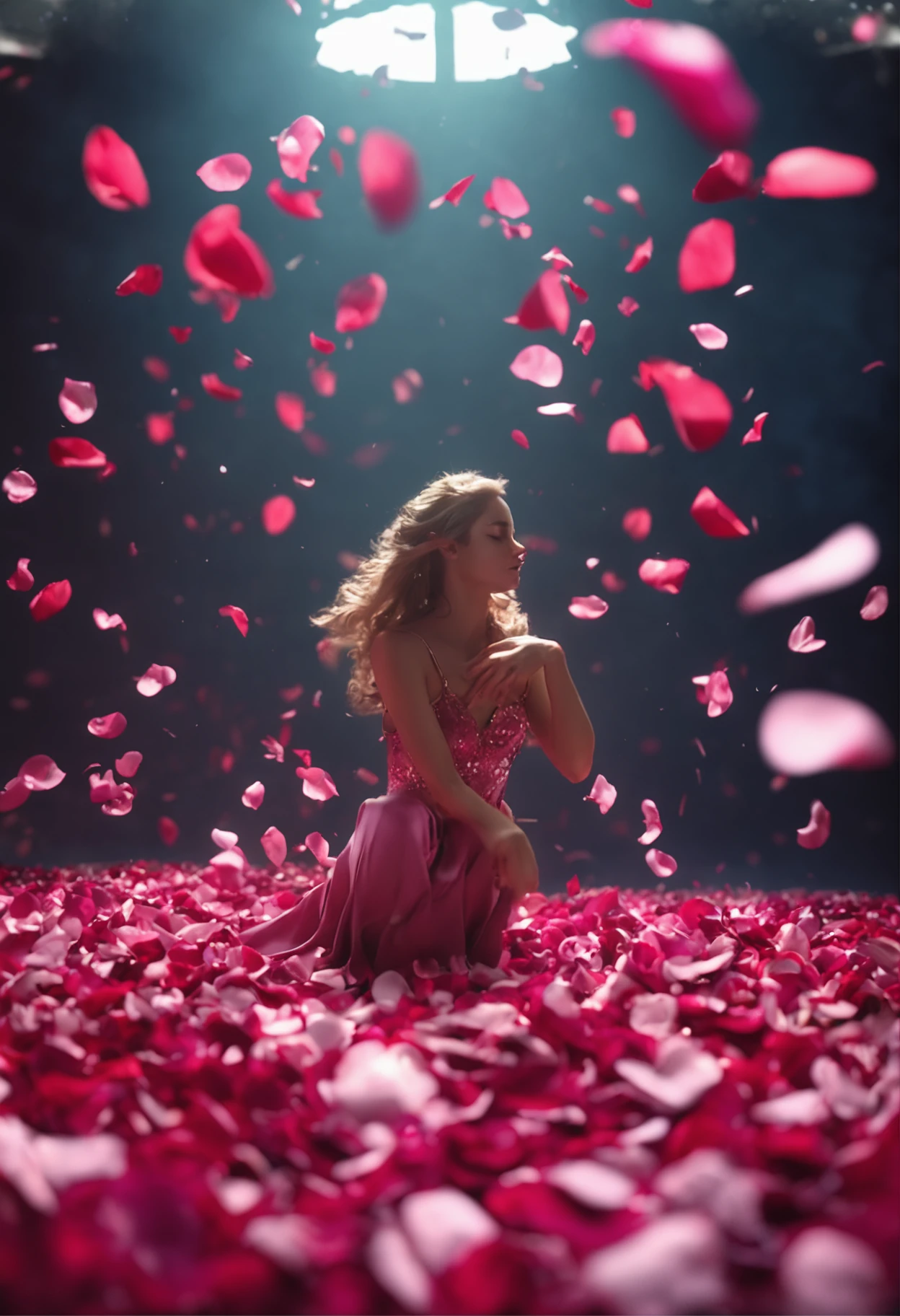Rose petals floating in the air，Cinematic light effects