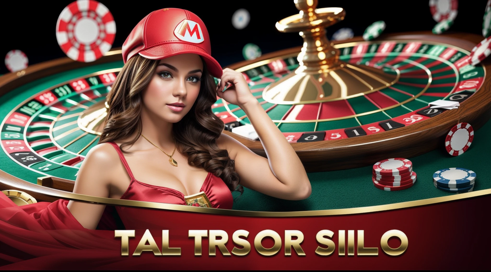 Casino banner, 1girl, solo, mario bross hat, mario bross costume, sexy girls, banner template, promotion banner, ads banner, blank space, gradient background, slot game ornament, theme, realistic, uhd, 4k, dark gold, blank space