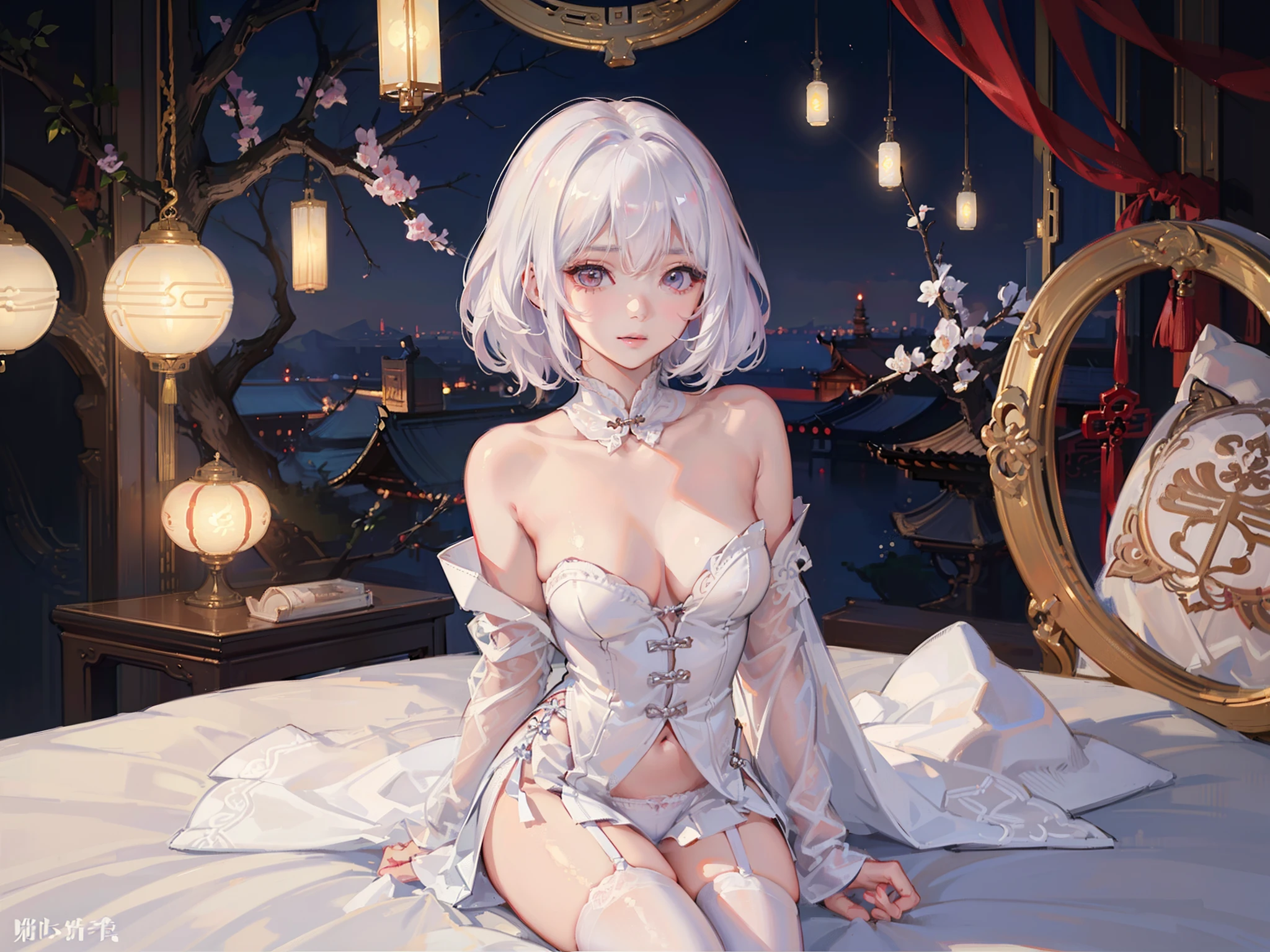 ((top-quality、8K、Manhwa Style:1.4、tmasterpiece,nedium breasts,onbed,Pubic hair shows through,full bodyesbian,Red-faced,is shy,unwear,white stockings,long whitr hair,long leges,Lighting、Beautiful Chinese woman、18yr old、with short white hair、Ultra-delicate skin、Beautiful production,Soft lighting