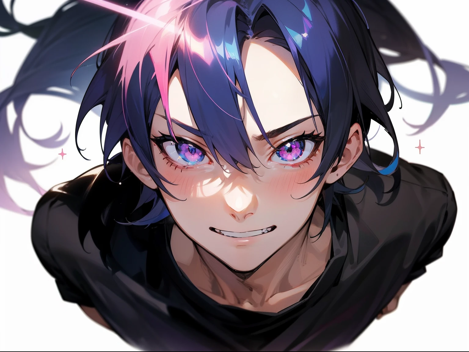 ((1 boy, masutepiece, Highest Quality)), Subrealismo, Detailed face, Poses in motion, full of details, Multiple Pose, Multiple different facial expressions, character sheets, Highly detailed, Depth, many parts，Haig Quality, simple background, Handsome boy, Dark blue hair、Glitter medium hair, dishevled hair、Outer hair 1:3, Pink eyes, radiant eyes, a black T-shirt, Active, radiant eyes, mischievous grin, Pearl skin, Natural light