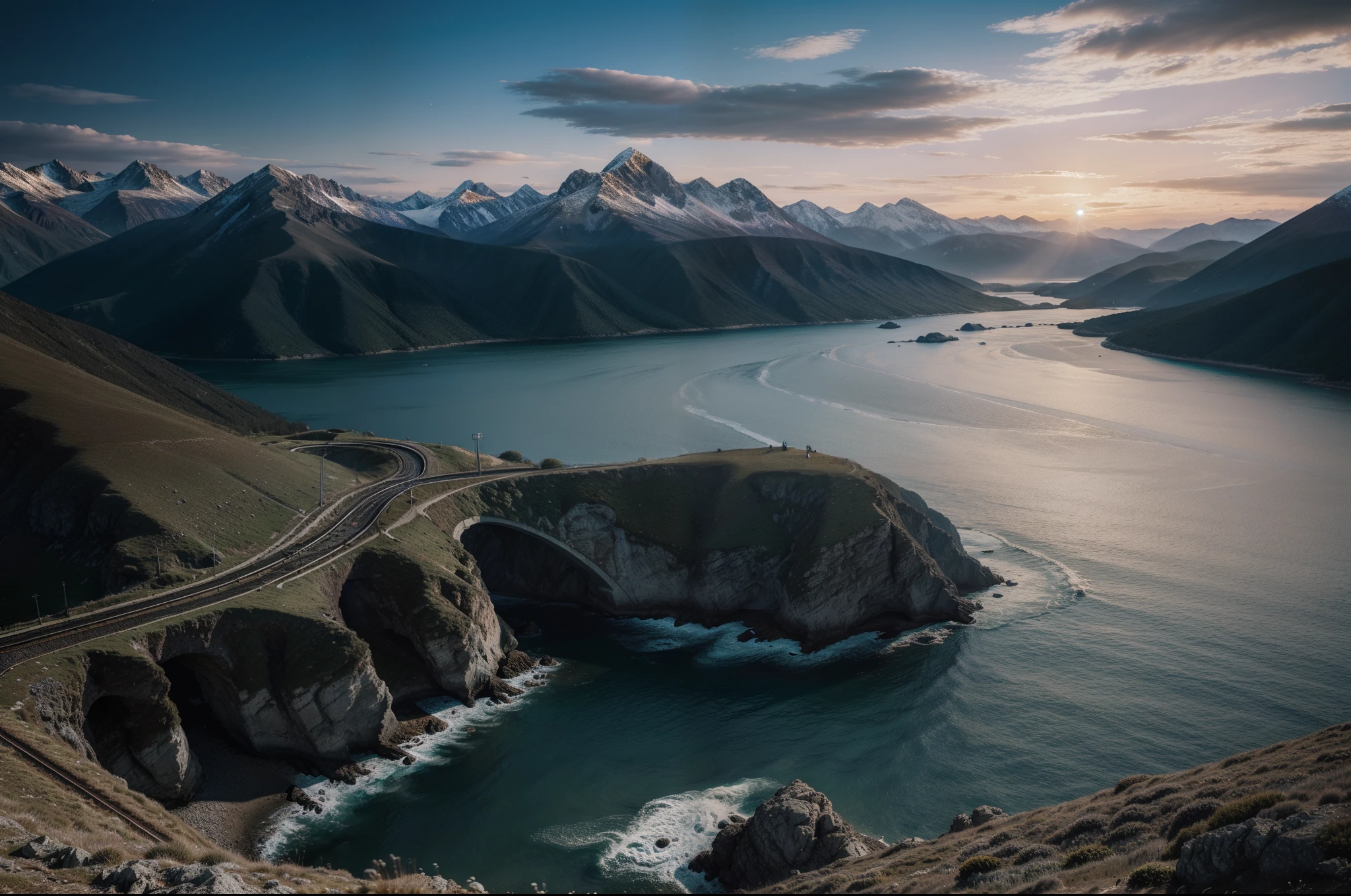 realistic, detailed, fantastic landscape, mountains, sea, futuristic sky, realistic glow, very high resolution, photorealistic landscape, hd, 8k, professional studio light-rail camera footage taken on nikon-55 drone lens. by anton fadeev, (rutkowski:0.6), (intricate:0.6), (neutral colors:0.8), hdr, (muted colors:0.8), (cinematic:0.8), (warm lights:0.6), (dramatic light:0.6), intricate details, background