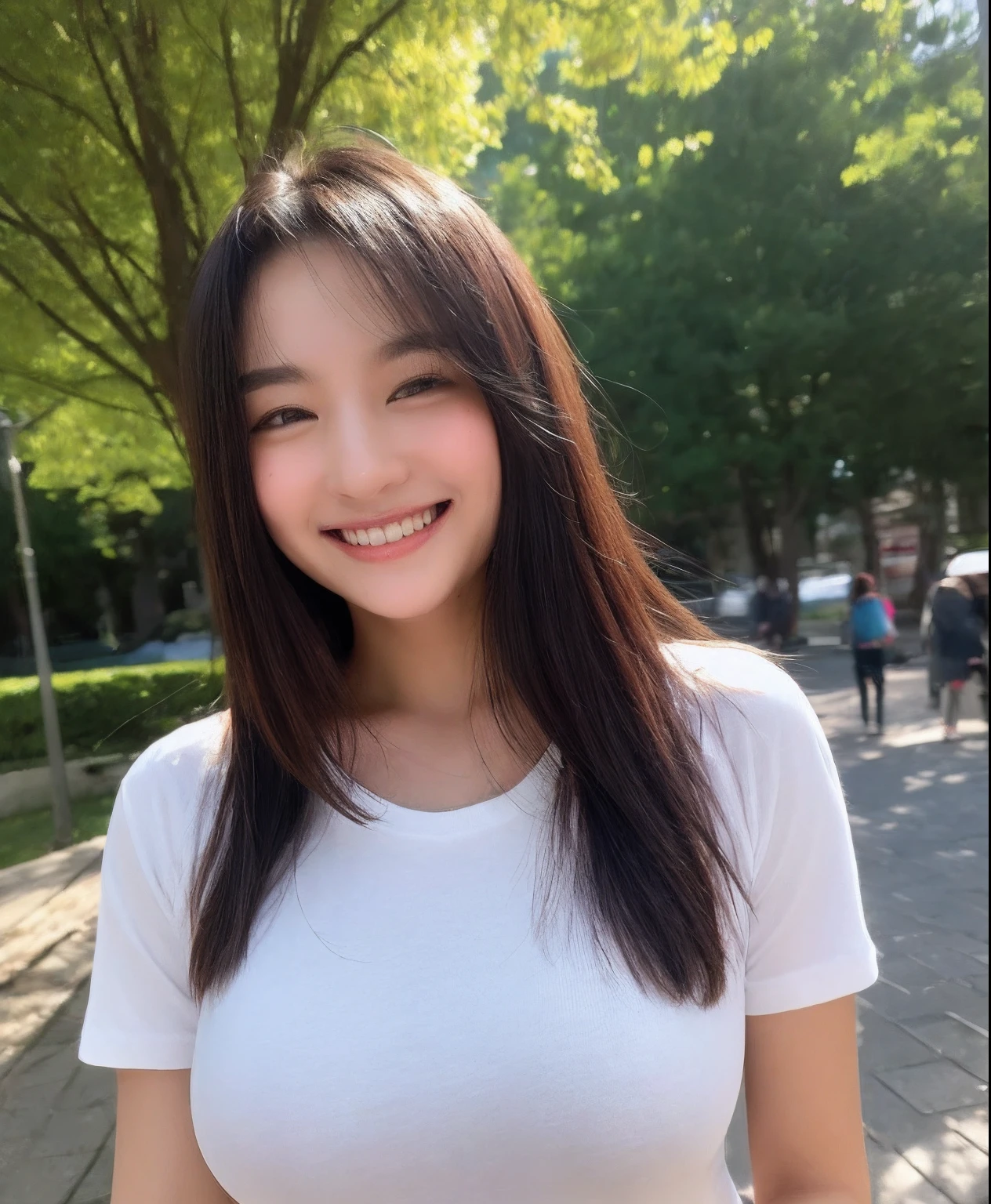 high definition on face and eyes, holding a phone, looking down, smiling.