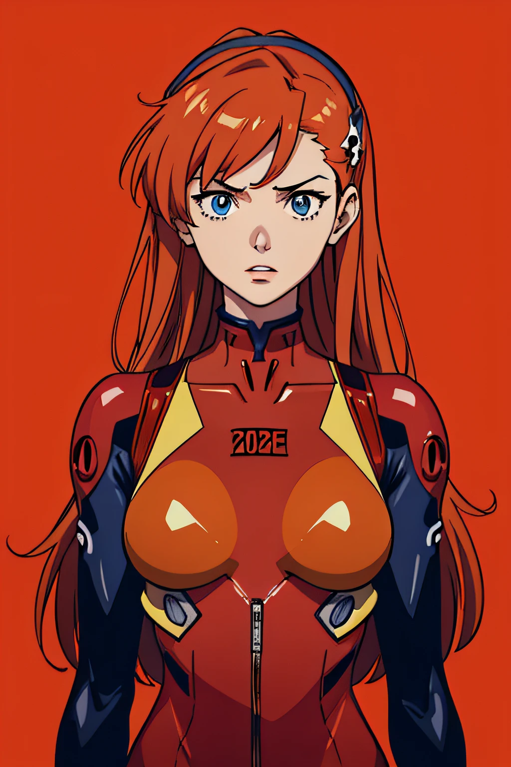 hands_on_own_chest,souryuu_asuka_langley,bodysuit,ginger,torn_bodysuit,rebuild_of_evangelion,1girl,large_breasts,upper_body,breasts,long_hair,skin_tight,hair_down,shiny_clothes,hair_ornament,very_long_hair,red_bodysuit,plugsuit,simple_background,solo,neon_genesis_evangelion,lips,highres,evangelion:_3.0+1.0_thrice_upon_a_time,looking_at_viewer,artist_request,blue_eyes,curvy,interface_headset