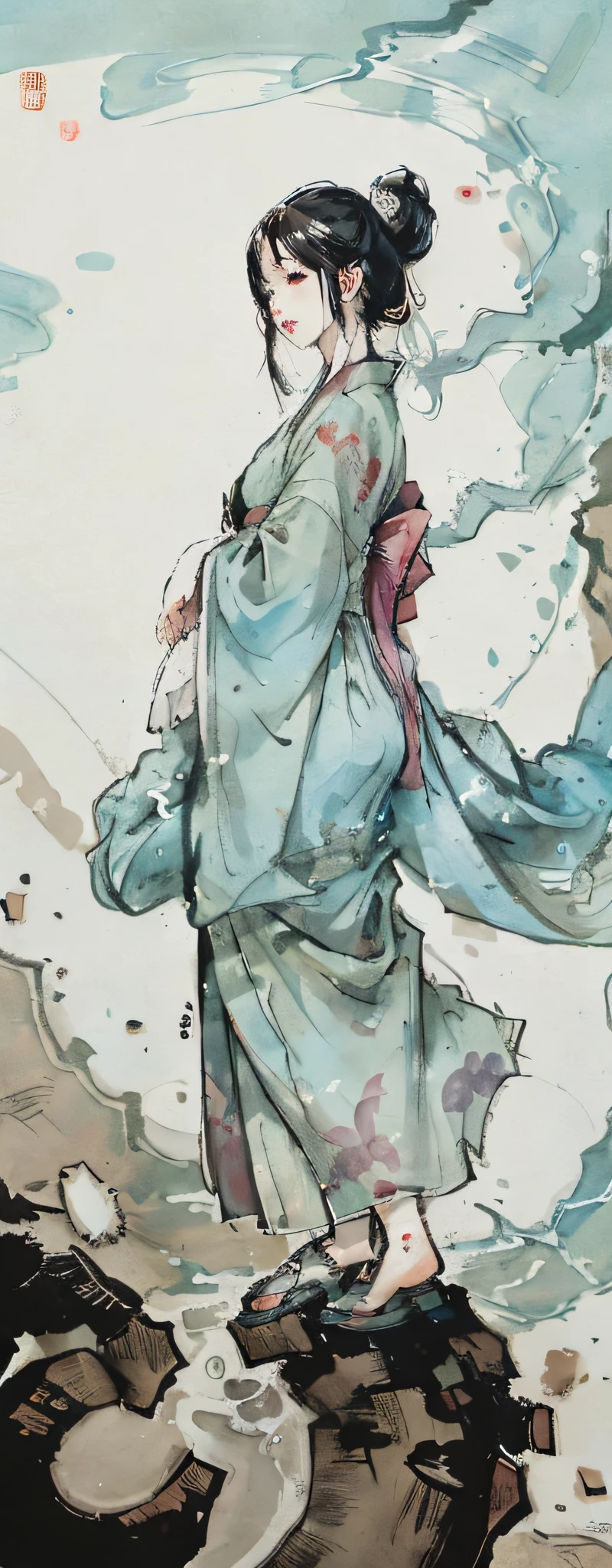 ((in 8K、masterpiece、top-quality))、((Traditional Chinese Ink Painting))、One beautiful Guanyin Bodhisattva is meditating 、((Full body like))、Facing the front、((symmetry))、I'm wearing a yukata、She wears a large feather robe that reaches down to her feet.、Barefoot、Do not expose your thighs、With a gentle monotone color scheme、softfocus、Grape leaves on background