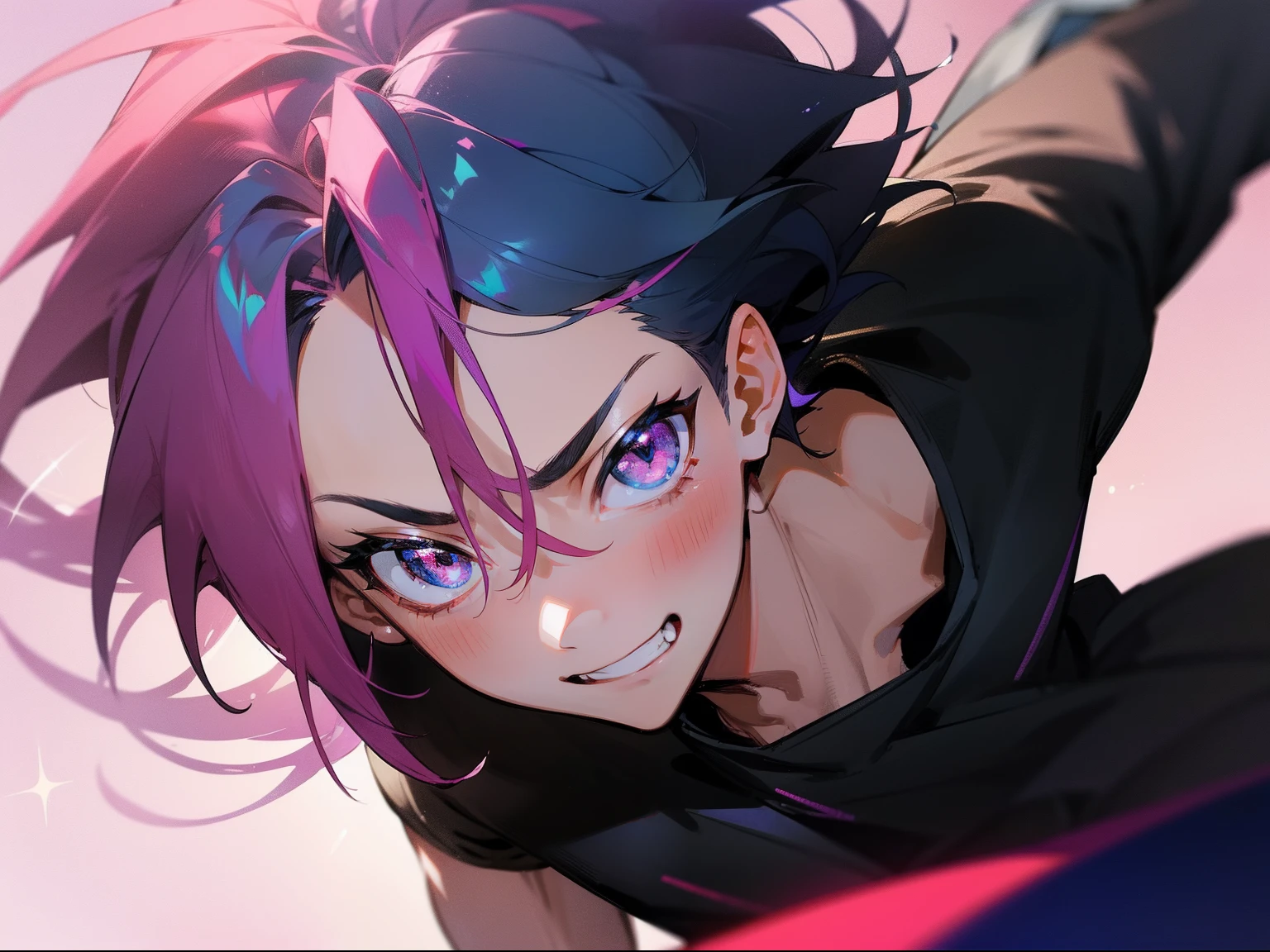 ((1 boy, masutepiece, Highest Quality)), Subrealismo, Detailed face, Poses in motion, full of details, Multiple Pose, Multiple different facial expressions, character sheets, Highly detailed, Depth, many parts,Haig Quality, simple background, Handsome boy, Dark blue hair、Glitter medium hair, dishevled hair、Outer hair 1:3, Pink eyes, radiant eyes, a black T-shirt, Active, radiant eyes, mischievous grin, Pearl skin, Natural light
