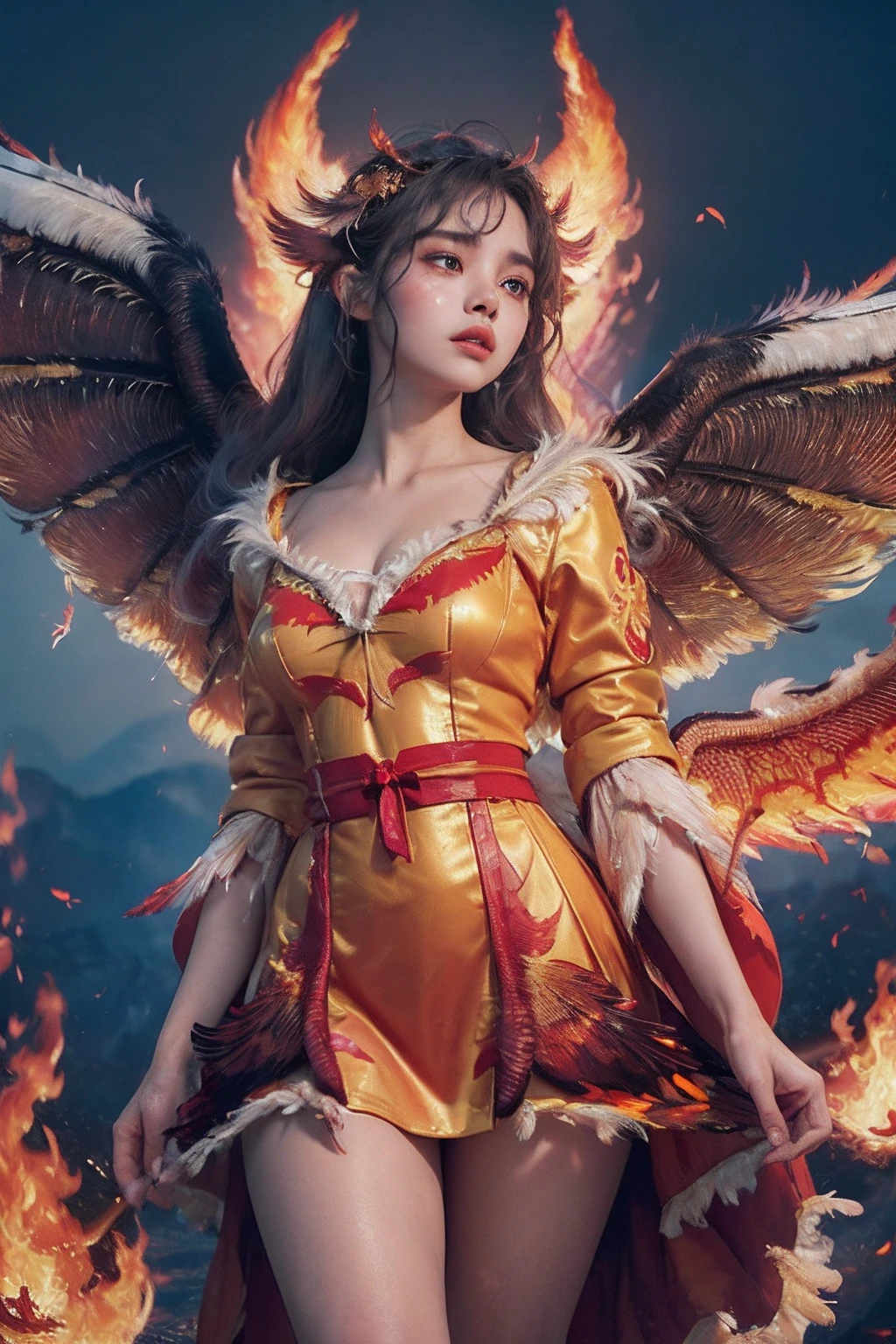 offcial art, Ultra detailed, Beautiful and aesthetic, Beautiful, Masterpiece, Best quality,A woman stands on lava，Dressed in gorgeous Lolita costume robes, 8K,((Focus on the thighs))，(looking toward the viewer:1.5)，Gray sky,The sky is covered with burning embers,supreme, landing, (Wings, Floating hair,Wings of Fire, Fire feathers:1.5),