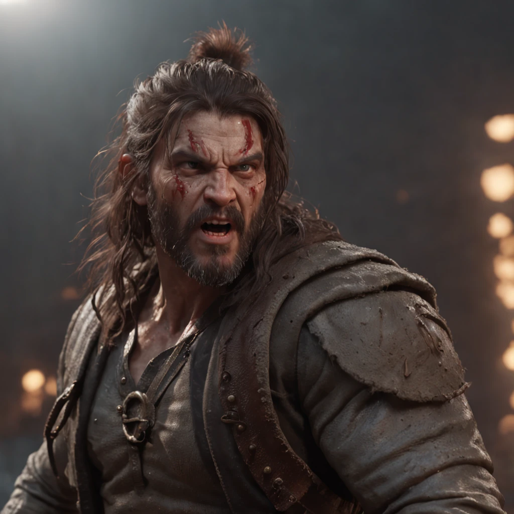 (professional 3d render:1.3) af (Realistic:1.3) most beautiful artwork photo in the world,Features soft and shiny male heroes, ((Epic hero fantasy muscle man rough wet hero angry looking long hair short beard and ferocious expression in dynamic pose, Fantastic location, Majestic cluttered environment)), Full body 8K unified rendering, action shot, skin pore, very dark lighting, heavyshading, Detailed, Detailed face, (vibrant, photograph realistic, Realistic, Dramatic, Dark, Sharp focus, 8K), (Old leather garments damaged by weathering:1.4), ((((Wear fur)))), (Intricate:1.4), decadent, (Highly detailed:1.4), Digital painting, rendering by octane, art stations, concept-art, smooth, Sharp focus, illustration, Art germ, (loish:0.23), wlop ilya kuvshinov, and greg rutkowski and alphonse mucha gracias, (Global illumination, Studio light, volumettic light), heavy rain, particles floating, lotr, fantasy, elf, full bodyesbian, ((Dark and ancient city background:1.3)),CGSesociety,art stations