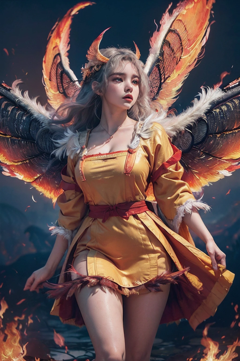 offcial art, Ultra detailed, Beautiful and aesthetic, Beautiful, Masterpiece, Best quality,A woman stands on lava,Dressed in gorgeous ta costume robes, 8K,((Focus on the thighs)),(looking toward the viewer:1.5),Gray sky,The sky is covered with burning embers,supreme, landing, (Wings, Floating hair,Wings of Fire, Fire feathers:1.5),