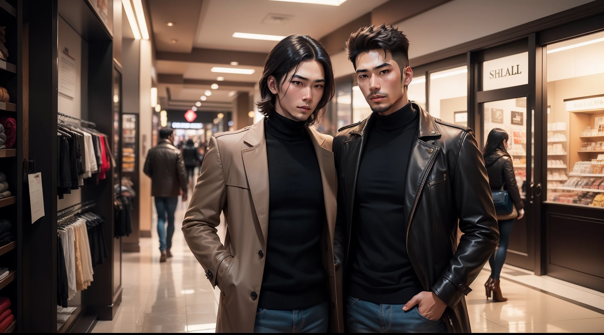 A man now at the mall buys an autumn casual coat,Masterpiece, Best quality, Very verbose 1.5),28 year old,Comely,flathead,realisticlying,black color hair,The upper body is dressed in brown leather,Black turtleneck,Wear jeans on the bottom,Asian people