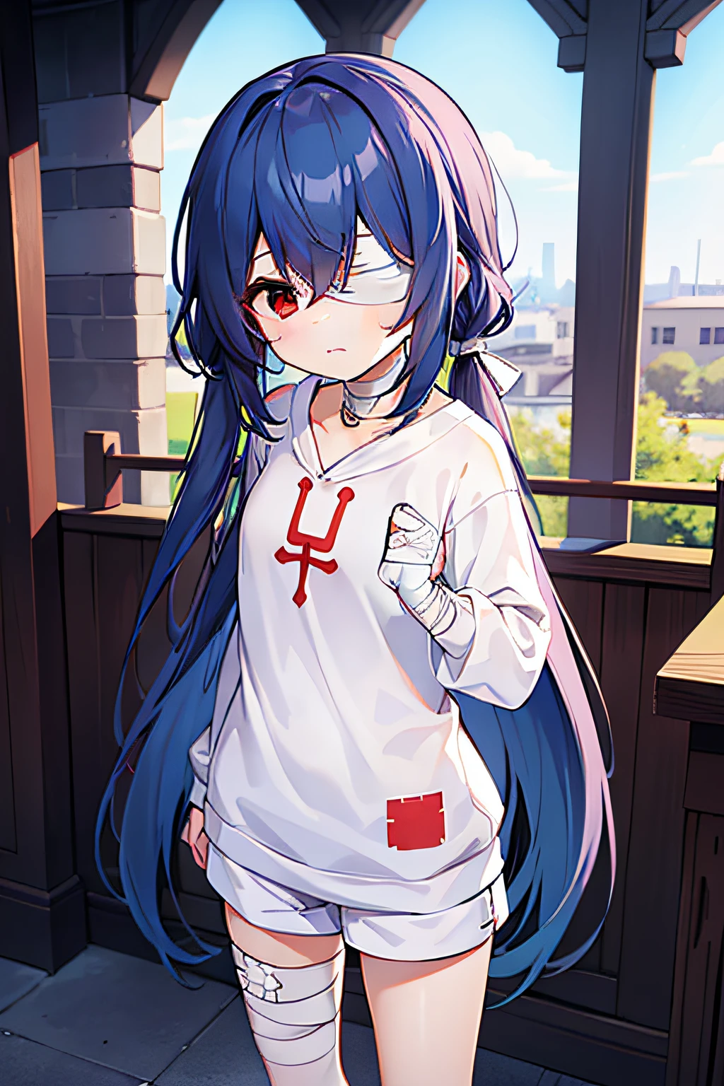 masterpiece, best quality, 1girl, , very very long hair, ((blue hair)), twintail, red eyes, standing in front of the church, wearing a white sweatshirts, short pants, (((with a bandage around eyes))), expressionless, ((blindfolded))