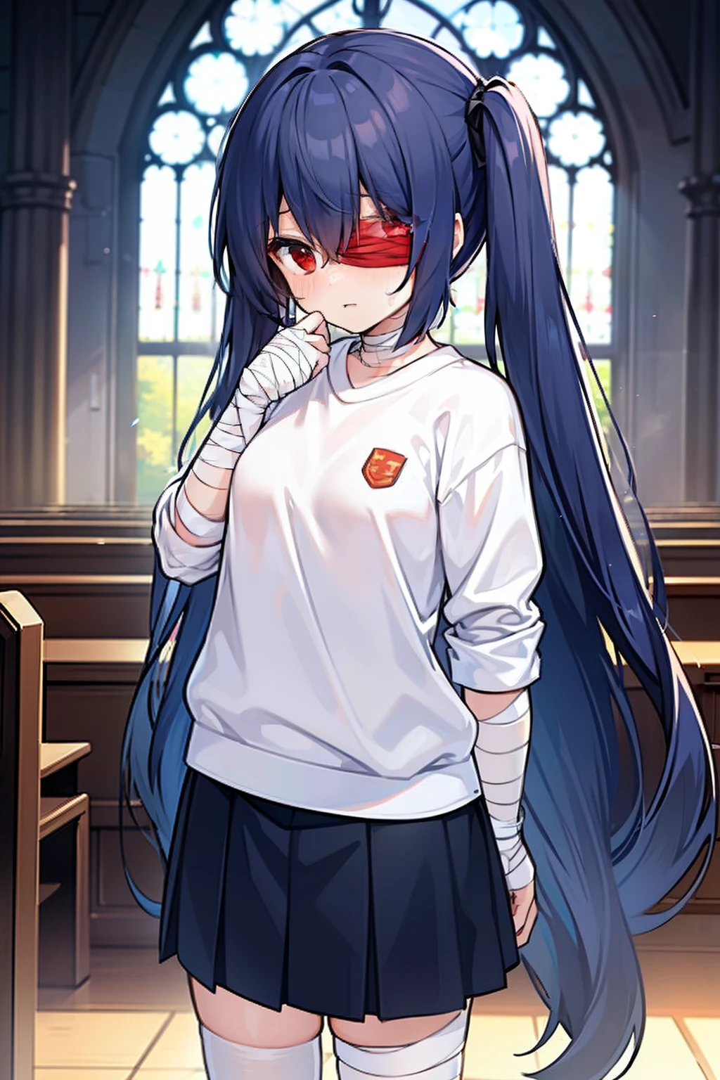 masterpiece, best quality, 1girl, , very very long hair, ((blue hair)), twintail, red eyes, standing in front of the church, wearing a white sweatshirts, short pants, (((with a bandage around eyes))), expressionless, ((blindfolded))