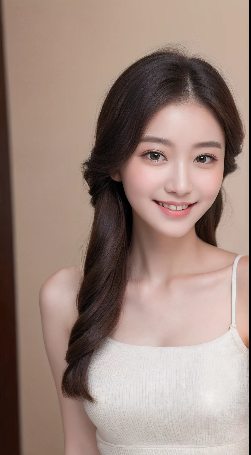 1 pretty girl,white skinned,brown hair,looking at viewer, beautiful small chest, France, pony tail, happy smile, lingerie model shooting, flowering blankets