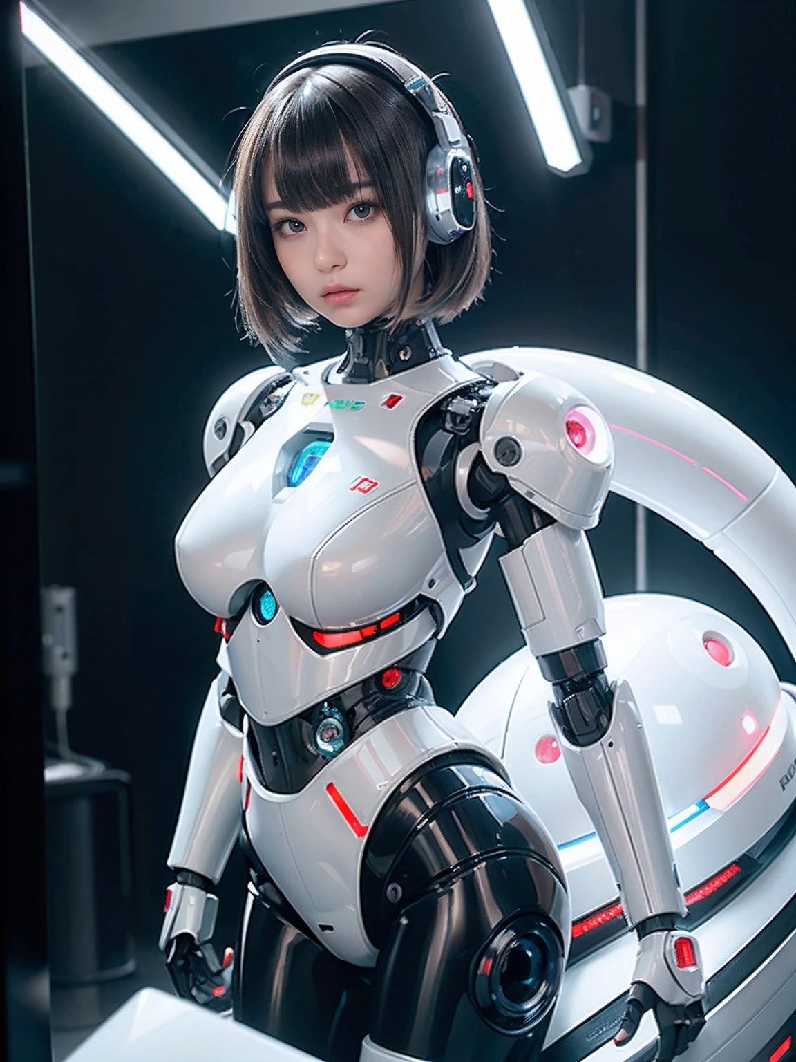 masterpiece, best quality, extremely detailed, (photorealistic:1.4),(RAW photo) (8K, 4K, Best Quality, hight resolution, 超A high resolution:1.1), (masutepiece, Realistic, Photorealsitic:1.1), 1girl in, Japaese Cyborg Girl,Plump ,navy pleated miniskirt,loose boots,control panels,android,Droid,Mechanical Hand, ,clothes with a sense of mechanical technology, Robot arms and legs, Black Robot Parts,Black hair,Mechanical body,Blunt bangs,White abdomen,White robotics parts,tube dress,perfect robot woman,future laboratory,cyber pank,charging spot,android factory,robot factory,cyborg factory,long tube,thick cable connecting her neck,ceramic body ,full eyes,striking eyes,mechanical body, head antenna,mechanical ear cover,android,robot humanoid,