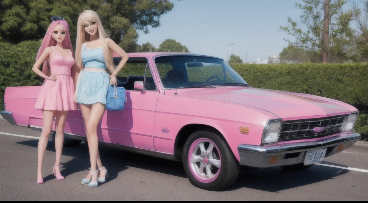 painting full body shot, Barbie, driving the pink car with her boyfriend under blue sky