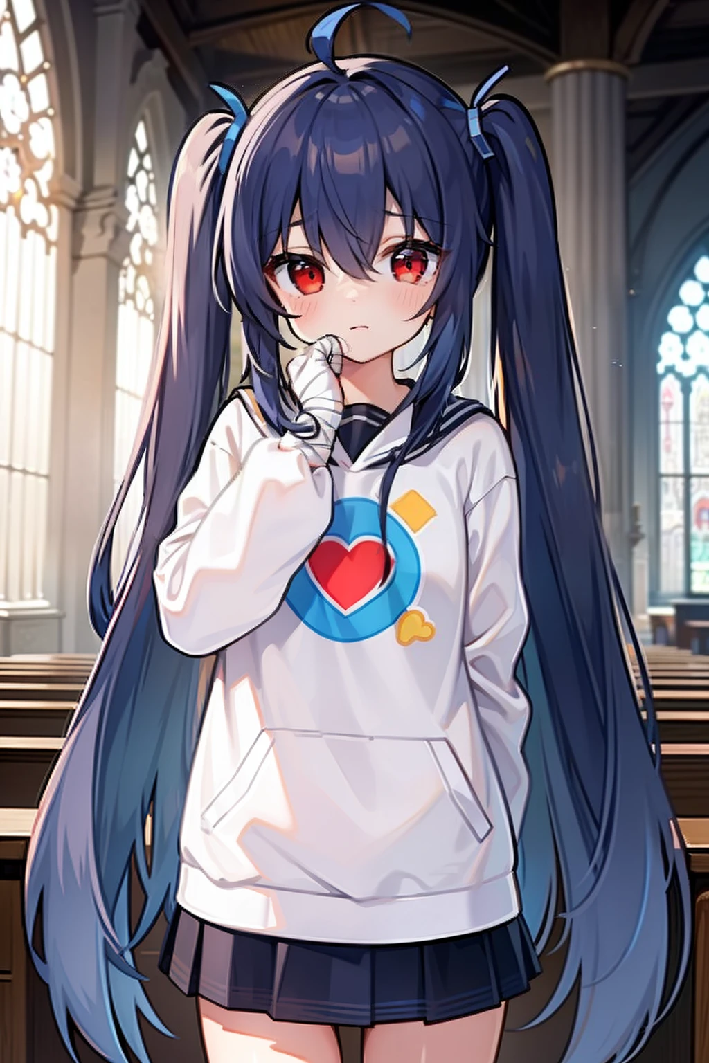 masterpiece, best quality, 1girl, elementary school student, very very long hair, ((blue hair)), twintail, red eyes, standing in front of the church, wearing a white sweatshirts, short pants, ((with a bandage around eyes)), expressionless
