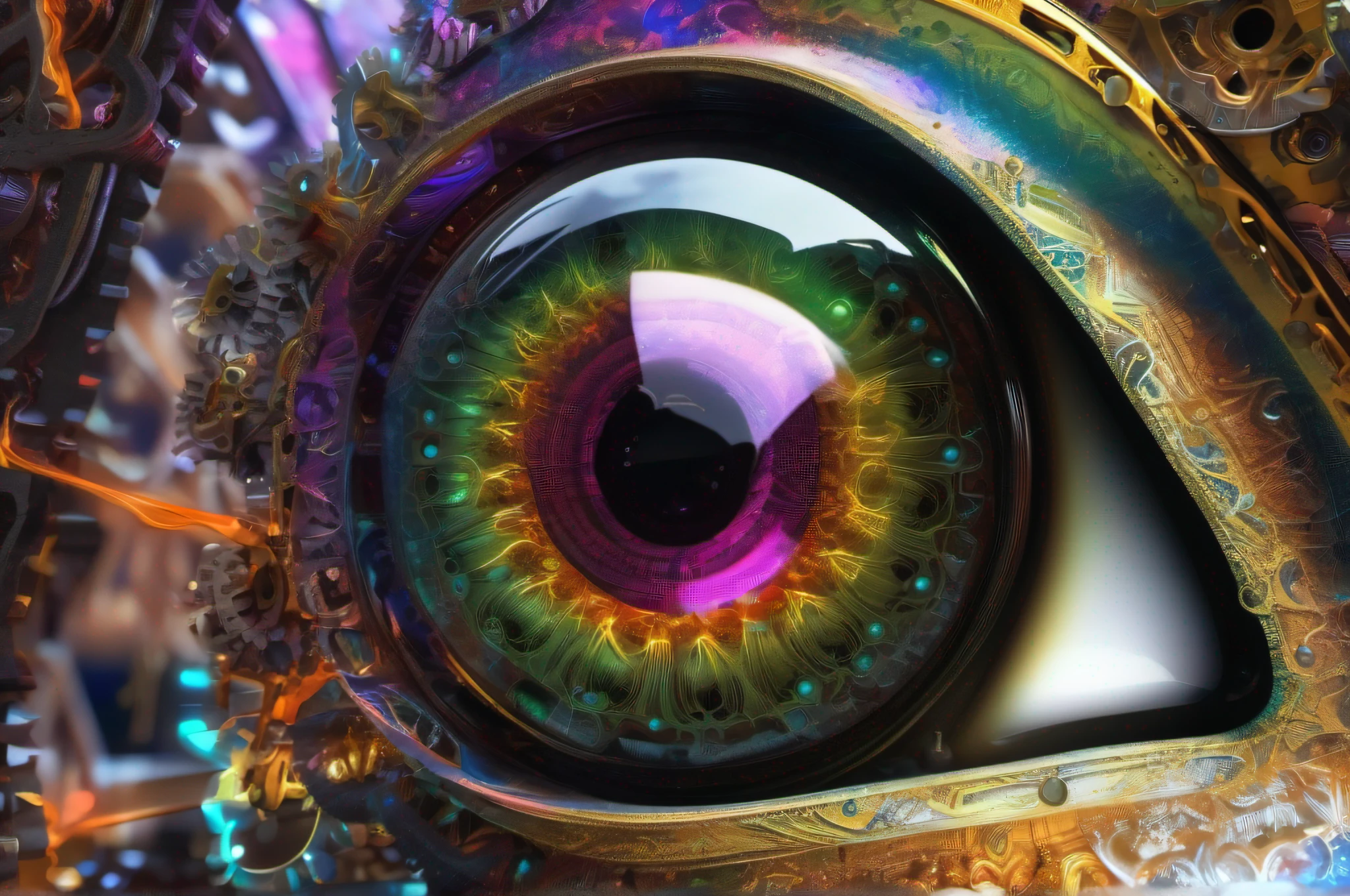 (close up of android eyes), The eye is made up of many gears, Colorful sparks are flying from the gears, surrealistic composition, extreme detailed, (fractal art:1.3), colorful, (photorealistic:1.4), Best quality, 8k, Masterpiece, raw photo