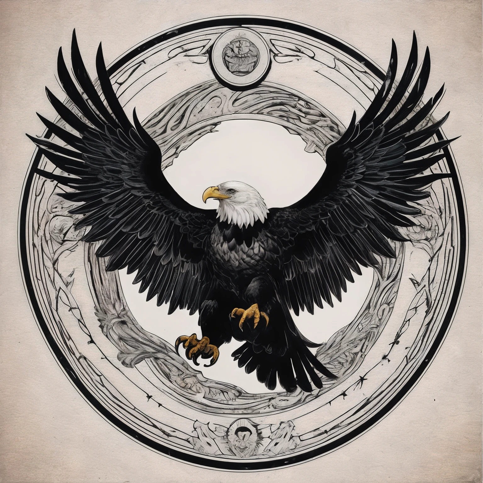 There is a black eagle with a white head and wings, mit Adler-Emblem, Majestic symmetrical eagle wings, Eagle Wings, Detaillierte Adlerillustration, Hochdetaillierte Vektorgrafiken, Adler, Hochdetailliertes offizielles Artwork, Extrem hochwertiges Artwork, Hochdetaillierte digitale Kunstwerke, Adler-Logo, Hochwertiges Artwork, Colored illustration for tattoo