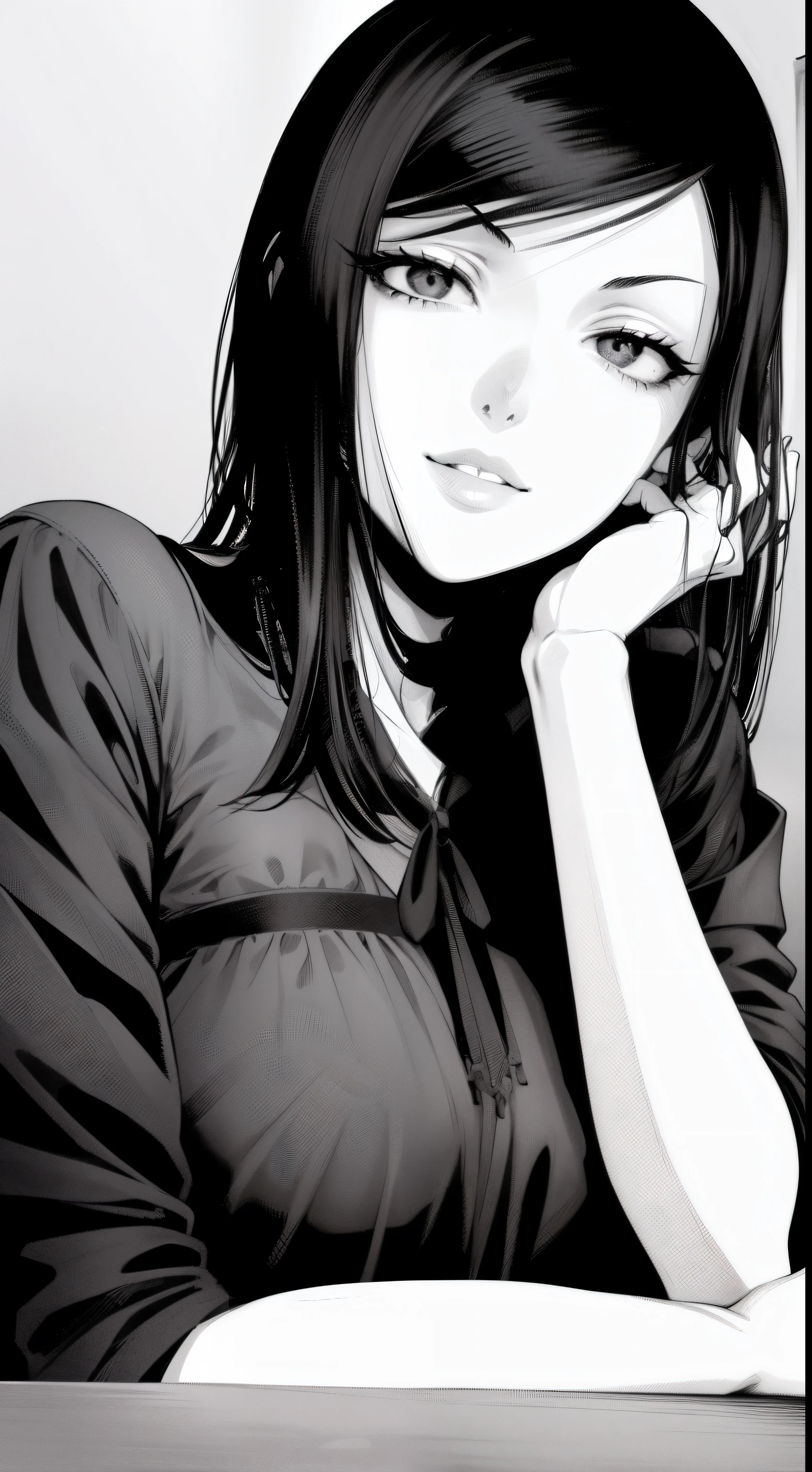 Onlygirl,1girl,gown,solo_female,((masterpiece,best quality, detailed)), , kurihara mari \(prison school\), Black gown,detailed lips,soft lips,UHD,facing front,smirk,head rest ,monochrome,evil smile,monochrome, black and white,closed mouth,fully clothed,potrait,1 girl,perfecteyes,mature_female,closed_mouth,art by Akira Hiramoto,Akira Hiramoto artstyle,long black_hair,black gown,sadistic expressions,based on prison school manga,based on Akira Hiramoto artstyle,big lips,detailed lips,black hair,head rest