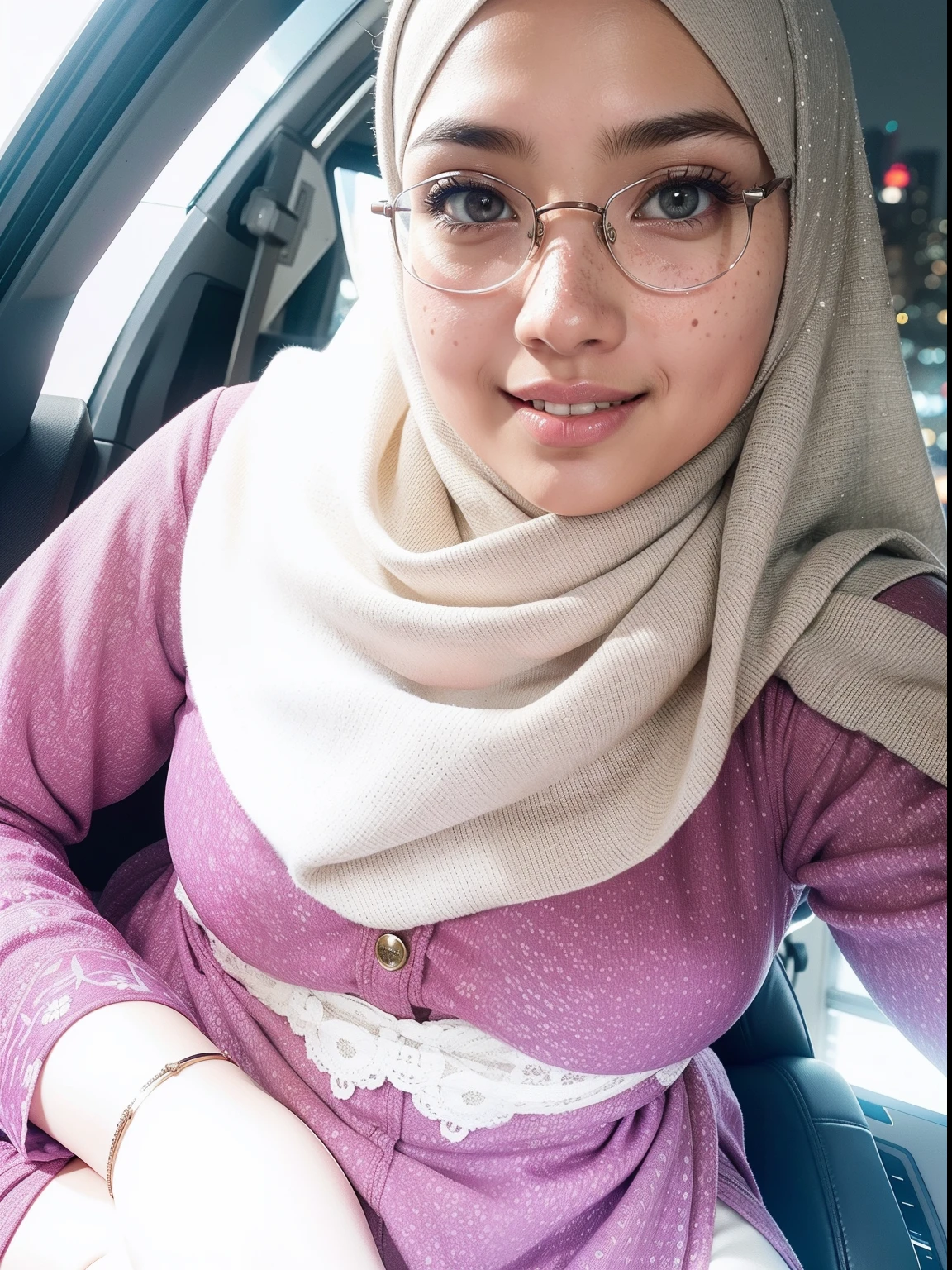 Create one chubby malay girl with hijab and wearing pastel pink floral t-shirt and high waist pants seating in library reading a book, shy pose, glasses, shy face, cute chubby, small , side lighting, cozy atmosphere, professional photography, 8k, ultra detail, chubby, very small breast