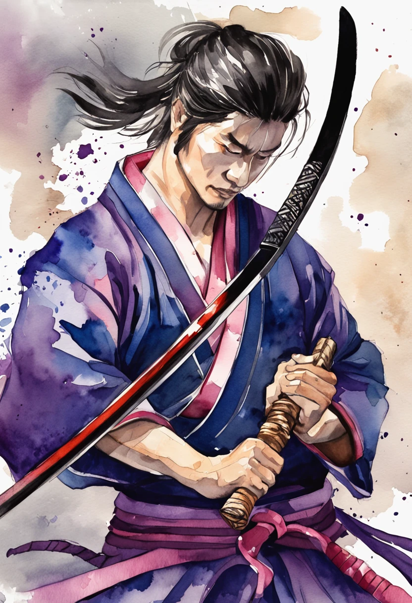 Male samurai,mid-air,Draw the knife and chop,the night,Black and purple clothes,Blue-purple background,the street,Helpless gunmen,The knife is shining,Maniac,Guro,slaughter,