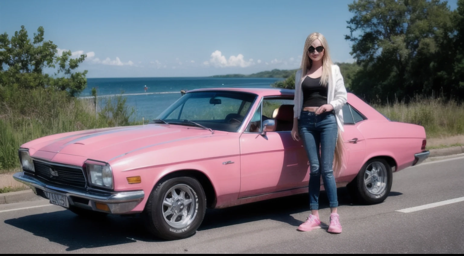 painting full body shot, Barbie blonde hair, driving the pink car with her boyfriend under blue sky