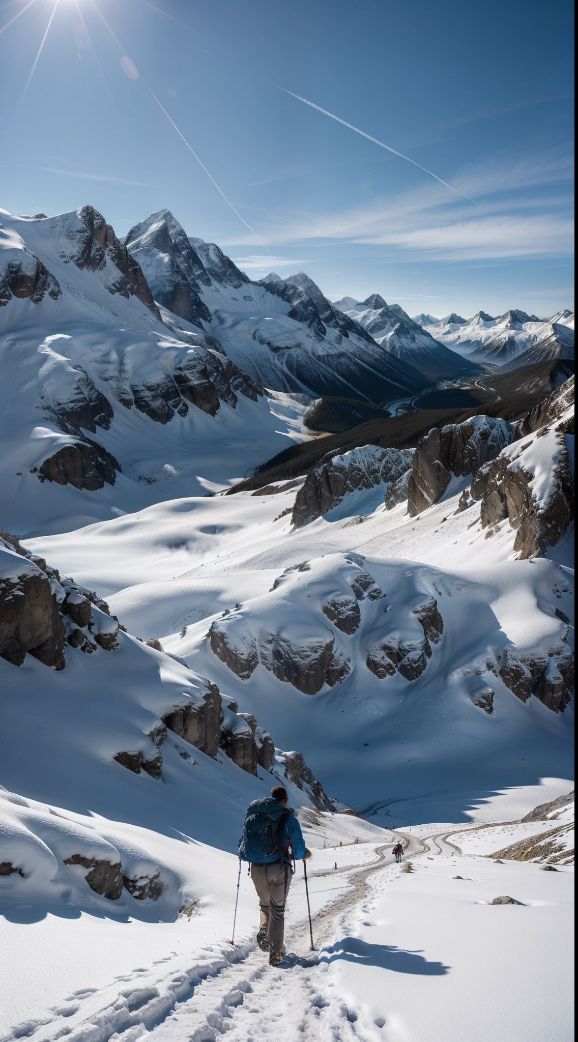 A photorealistic image of a lone hiker trekking through a mountainous landscape, with snow-capped peaks in the distance and a backpack slung over their shoulder. Shot from a wide angle to capture the sense of adventure and exploration.