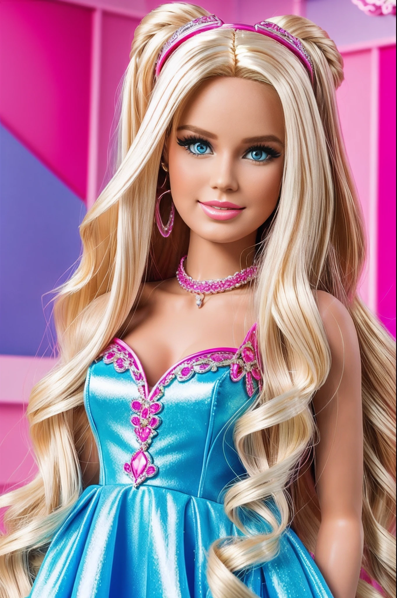 "Barbie doll, long blonde hair, big blue eyes, pink couture dress, vibrant colors, nostalgic 90s theme, fun pose, glamorous fashion, shiny hair, shiny accessories, dreamy background, cheerful expression"