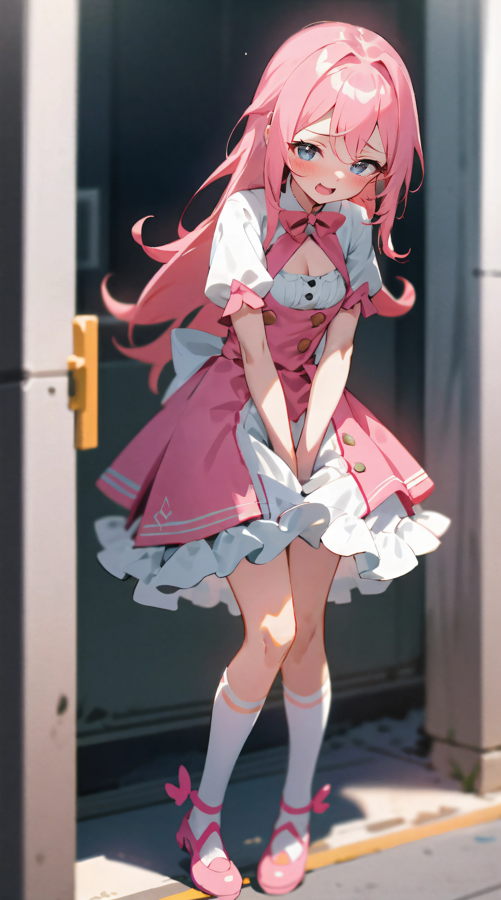 Extremely detailed CG unified 8K wallpaper, very fine 8KCG wallpaper,,Lori huge breasts cleavage(1.5),Cute long pink hair、Girl in cute dress、A girl goes to the toilet、Look away、standing、embarrassed from、Blushing、Open your mouth、A street(The girl is peeing:1.7)、Mini skirt,white stockings(1.7),Clamp your legs,Beautiful face,Beautiful detailed eyes,Small loli,7 years old,There is love in the eyes(1.5),beautiful hairl,Background a lot of people