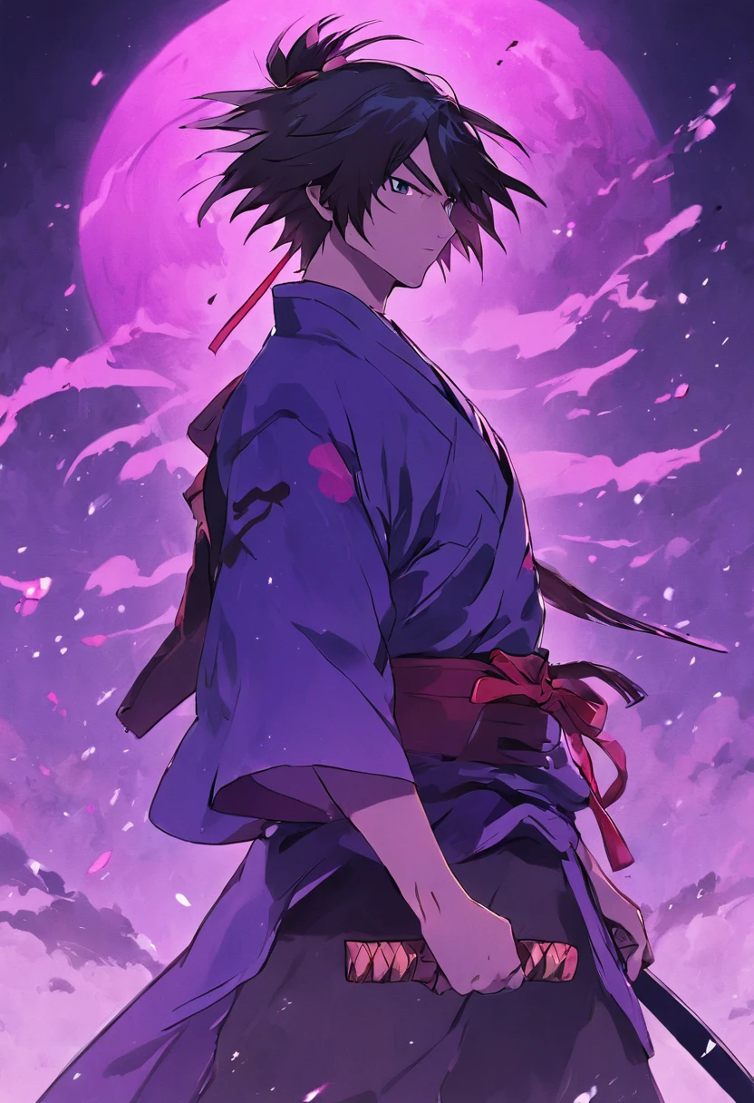 Male samurai，mid-air，Draw the knife and chop，the night，Black and purple clothes，Blue-purple background，the street，Helpless gunman，The knife is shining，Maniac，Guro，slaughter，