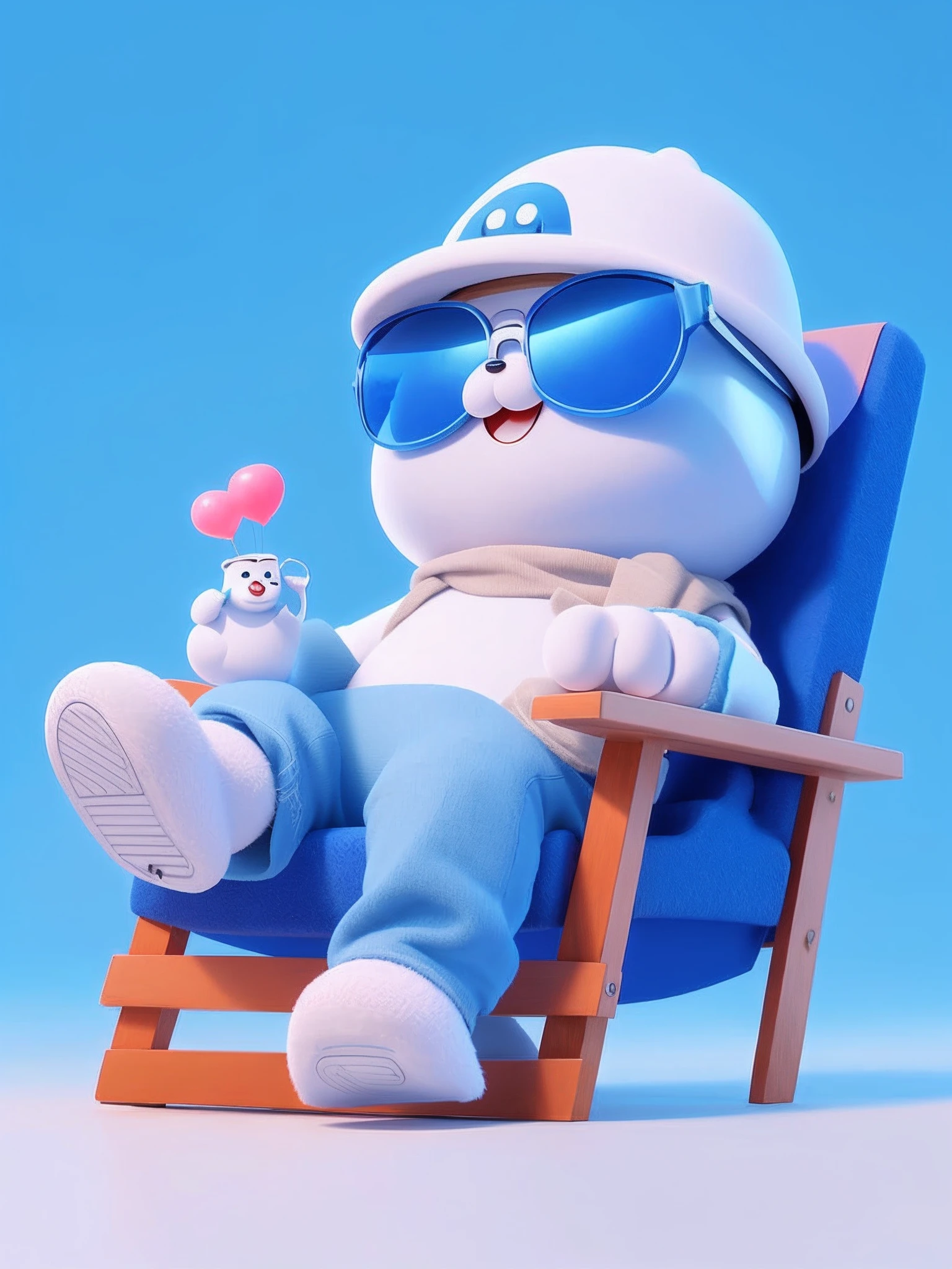 Close-up of cartoon character sitting in chair, cute 3 d render, Cute cartoon character, Cute! C4D, Relaxed. Blue background, 3 d desenho animado, relaxing on the beach, in style of baymax, trending on cgstation, 3d animemasume, 3 d animated, relaxing after a hard day, 3D characters