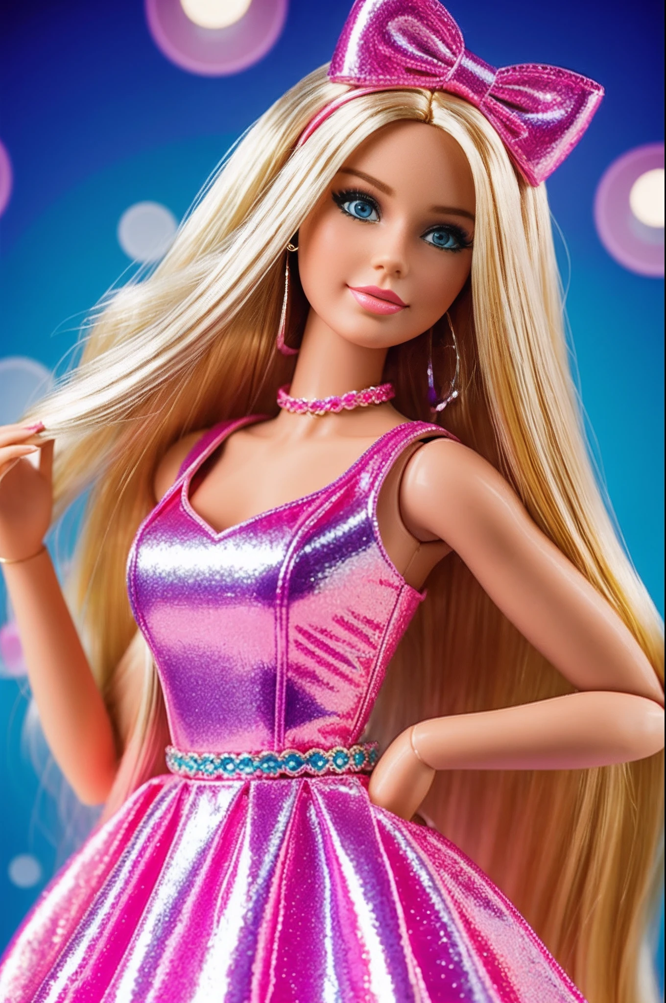 "Barbie doll, long blonde hair, big blue eyes, pink couture dress, vibrant colors, nostalgic 90s theme, fun pose, glamorous fashion, shiny hair, shiny accessories, dreamy background, cheerful expression"