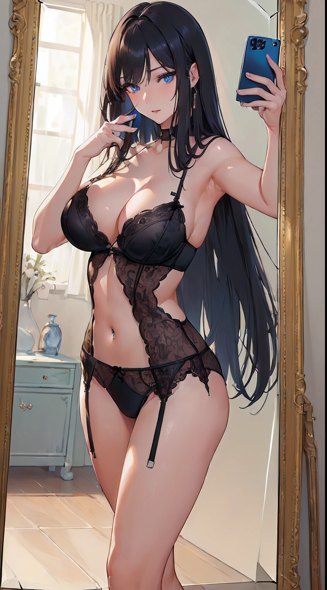 (((Clean, Masterpiece, Best quality, highly detailed, Professional, HD,HDR,UHD,16K))), 1young_woman, (solo), mature and sexy, (big breasts:1.2), black long hair, straight hair, bangs, expressive eyes, seductive eyes, (blue eyes:1.3), (black lingerie:1.3), (mirror selfie:1.4), (holding a phone:1.3), bedroom