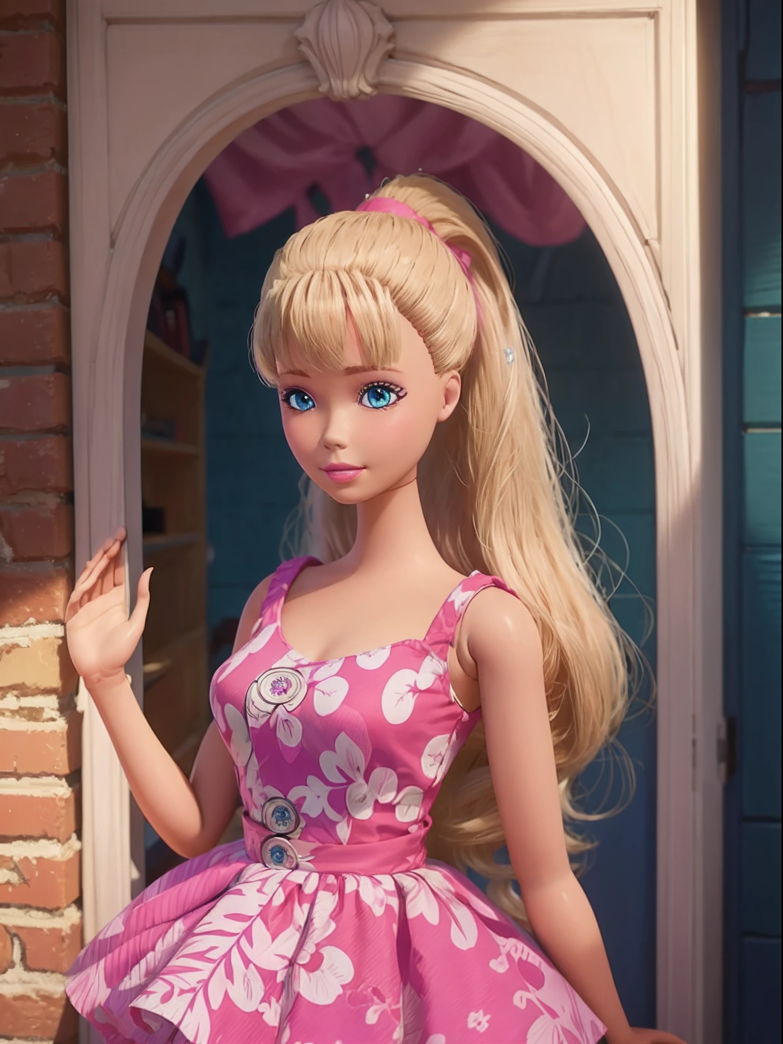 Barbie, Beautiful, blonde hair, long hair, blue eye, (background: pink Barbie house), extremely detailed, (masterpiece:1.3), (half-body:1.1)