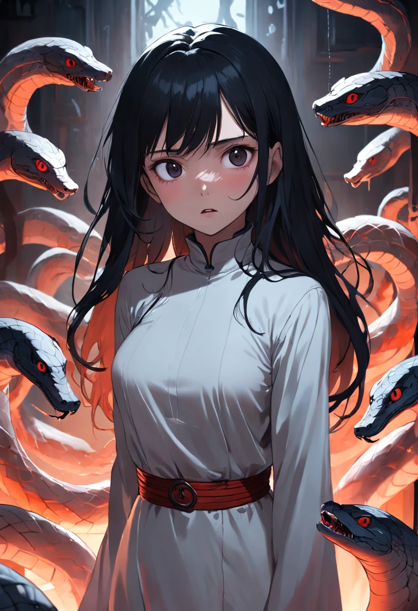 A beautiful girl with long black hair，Wear a white turtleneck nightdress，Being in the room，Surrounded by a lot of small snakes，（The eyes are terrified），with her mouth open（Shout loudly），Eerie light，Dark night，high high quality，fog atmosphere，(Chinese folk suspense supernatural comic style),High detail, Sharp focus, Dramatic，The art of painting by Midjourney and Greg Rutkowski, Bokeh on the background