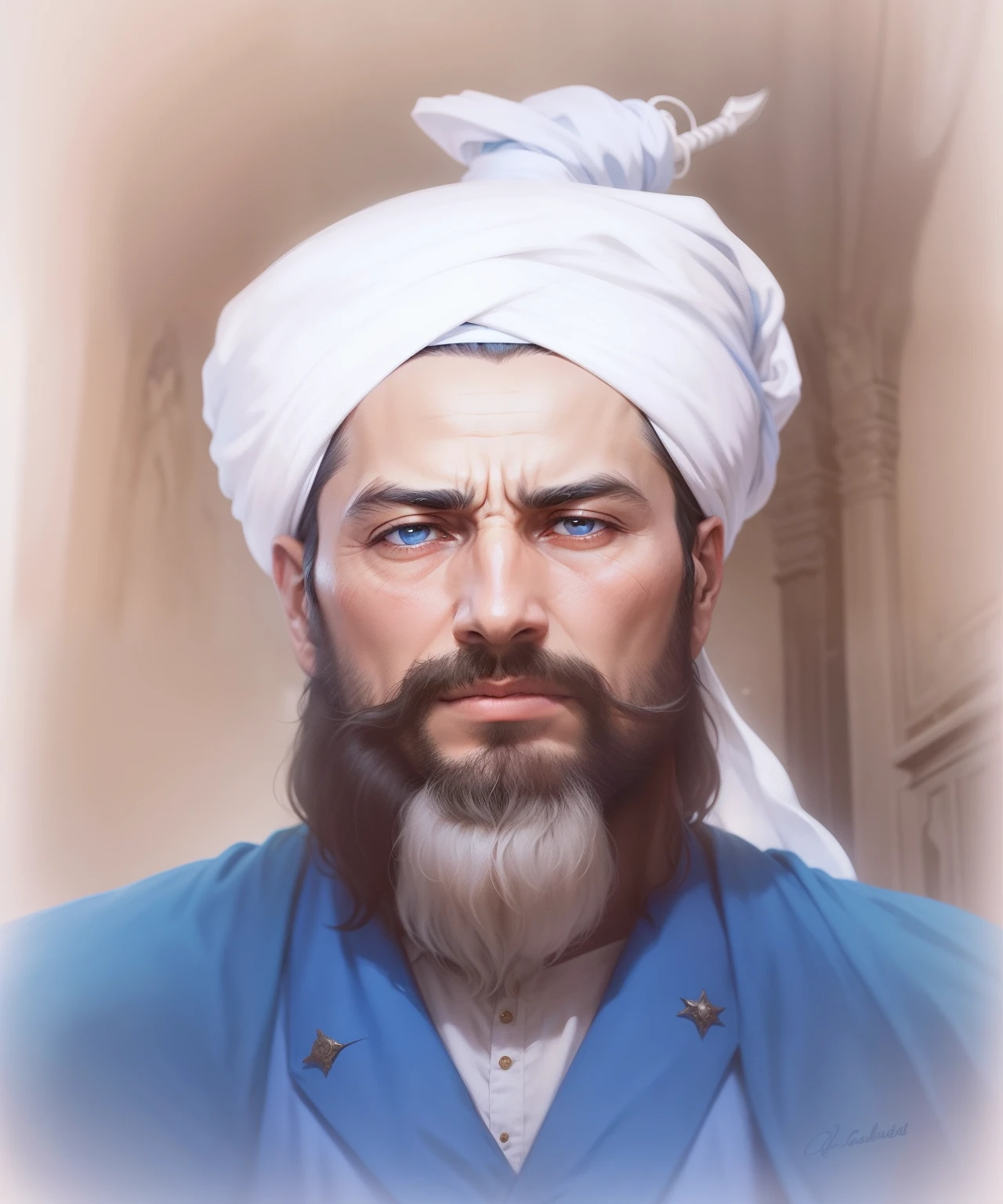 A Pashtun leader with white turban and blue robe and sword in his hand