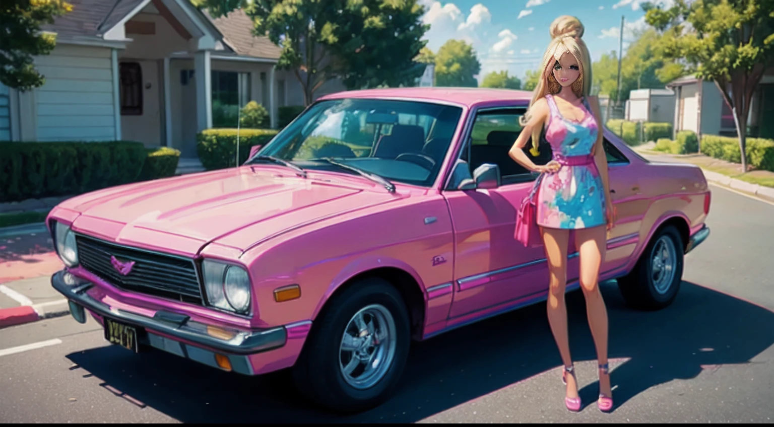 painting full body shot, Barbie blonde hair, driving the pink car with her boyfriend under blue sky