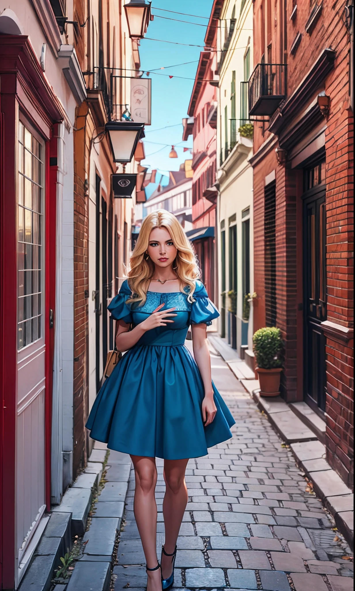 A red Ferrari is standing, and next to it stands a blonde woman in blue dress --auto --s2