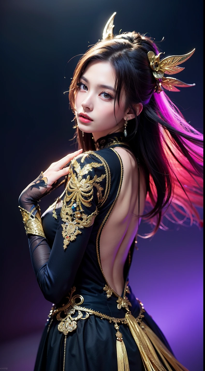Full-length view, stunning beautiful Asia model, hyper-detailed eyes and face, extreme angle, perfect makeup. Art by Chrissy Zullo, illustrations characterized by a distinct mix of whimsical elements with darker undertones, with predominantly female characters in stylized form with elongated limbs, the work is highly detailed and uses a bold color palette, combining natural and fantastical elements, giving the characters a sense of an otherworldly, dreamlike quality, that captures the imagination and emotions of the audience. portrait, half body, back view,
