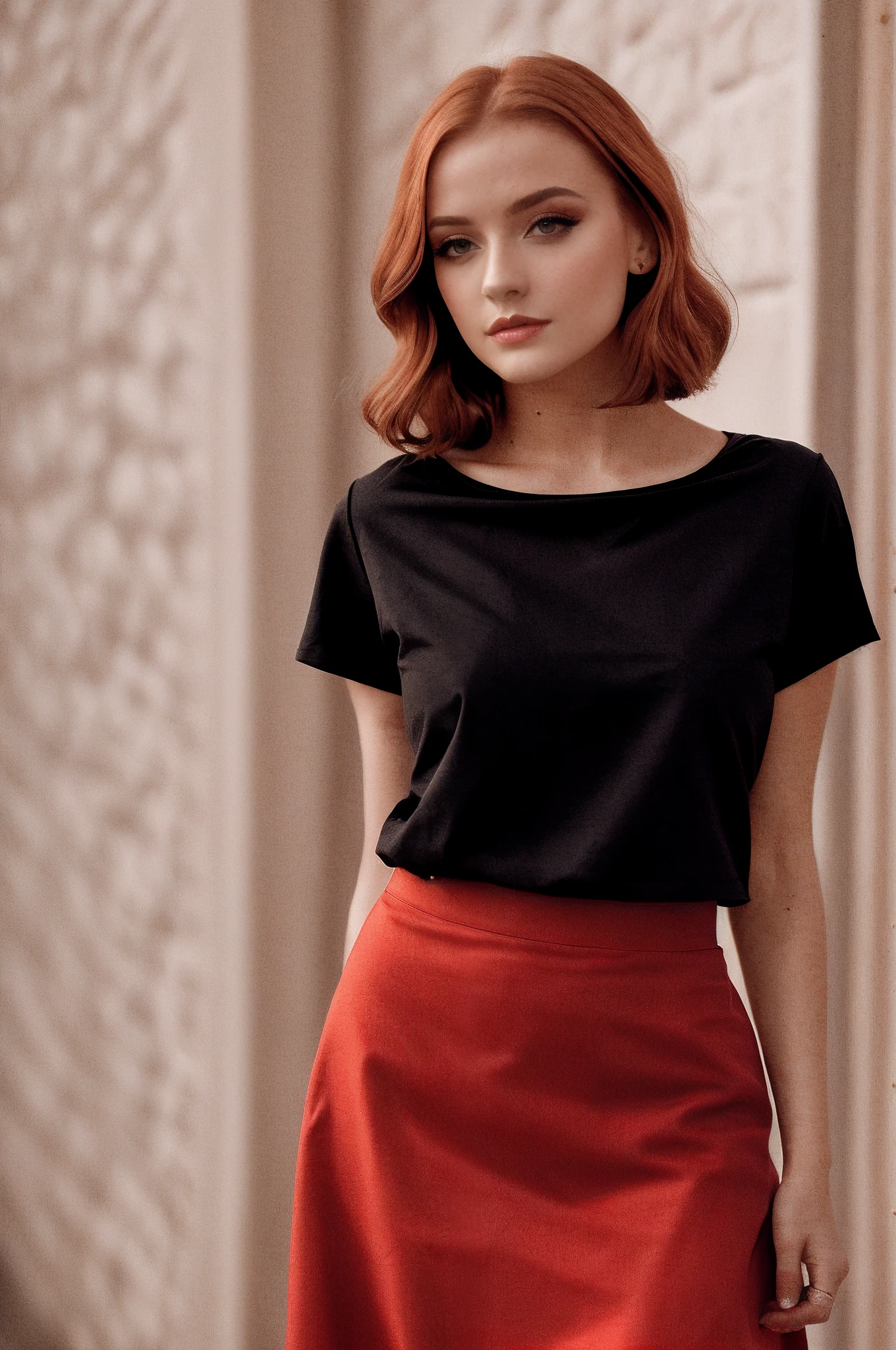 RAW photo of beautiful girl, (ginger hair), pale skin, makeup, (bob red hair:1.1), BREAK, (full body, short black squared skirt, top:1.2), intricate details, 8k uhd, dslr, soft lighting, high quality, film grain, Fujifilm XT3