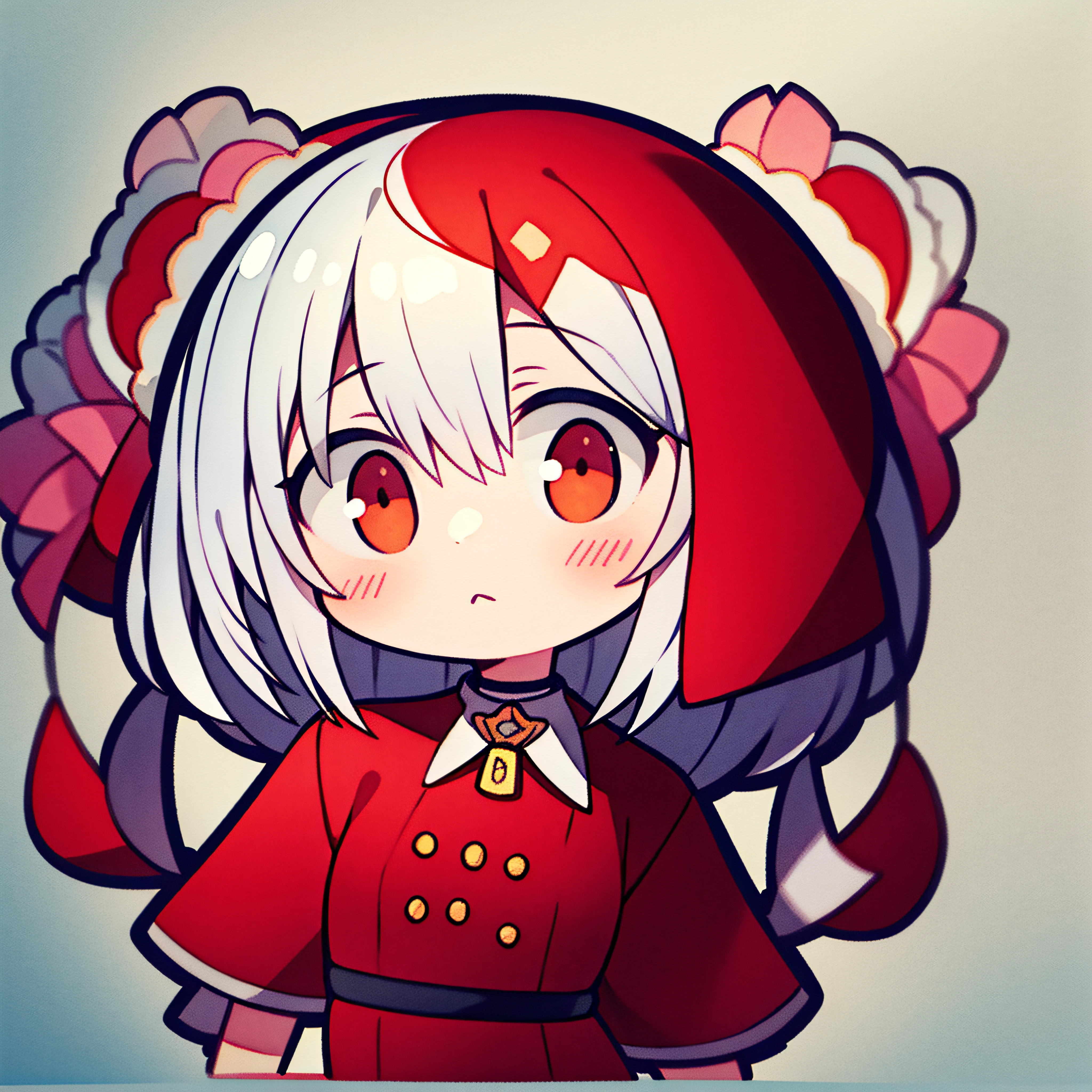 fish on the head, solo, 1 girl, looking at viewer, upright, concept art, white background, simple background, white hair, red gradient hair, short sleeves, watercolor pencil, expressionless, blush, virtual youtuber