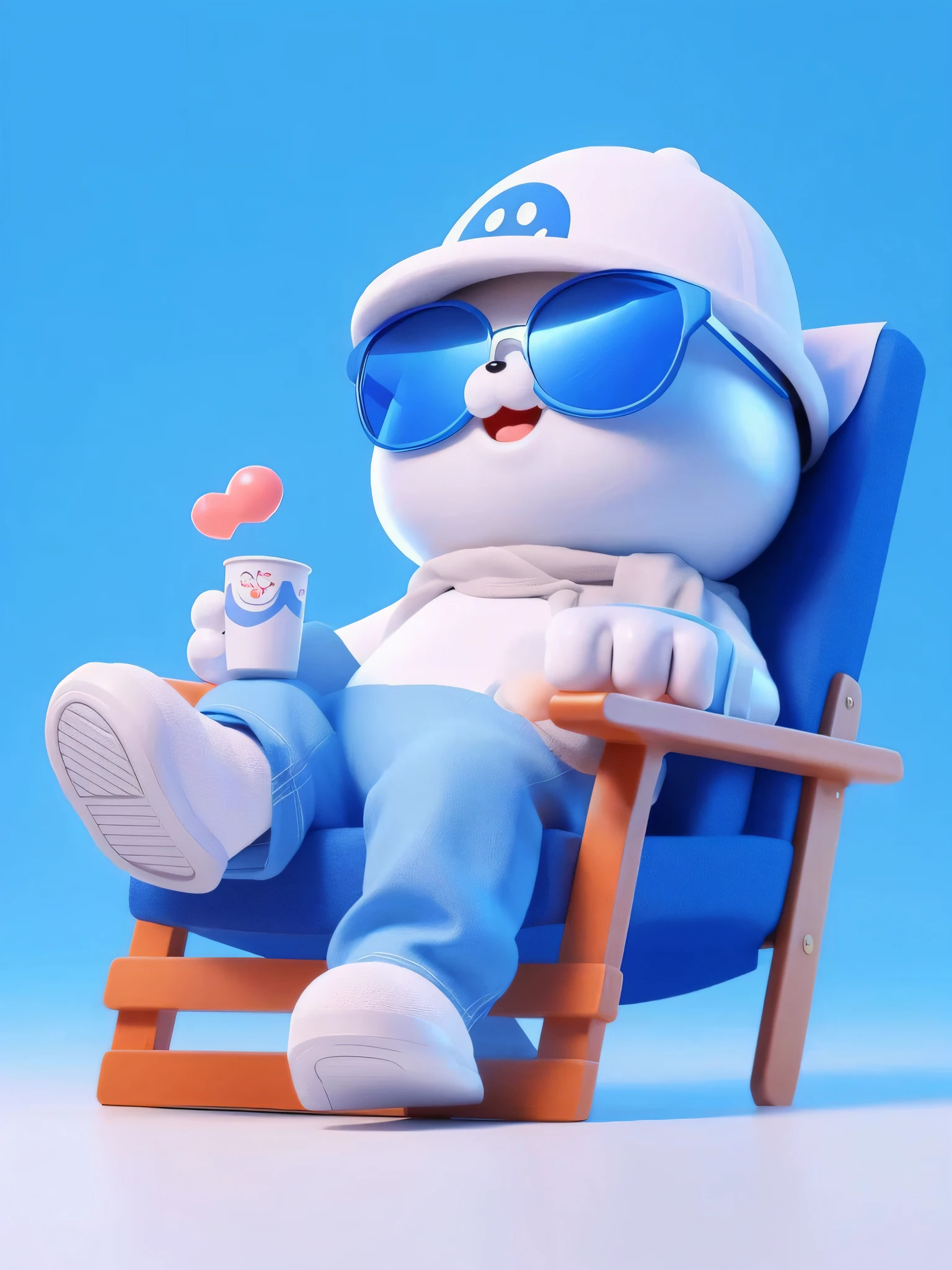 Close-up of cartoon character sitting on chair, cute 3 d render, Cute cartoon character, Cute! C4D, Relaxed. Blue background, 3 d desenho animado, relaxing on the beach, in style of baymax, trending on cgstation, 3d animemasume, 3 d animated, relaxing after a hard day, 3D characters，The gloves are white