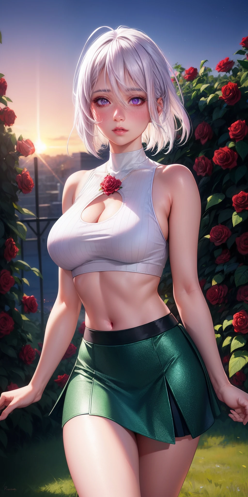 realistic, 1woman, white hair, purple eyes, glowing eyes, green crop top, skirt, parted lips, blush, night, red roses, sunrise, sunlight,8k