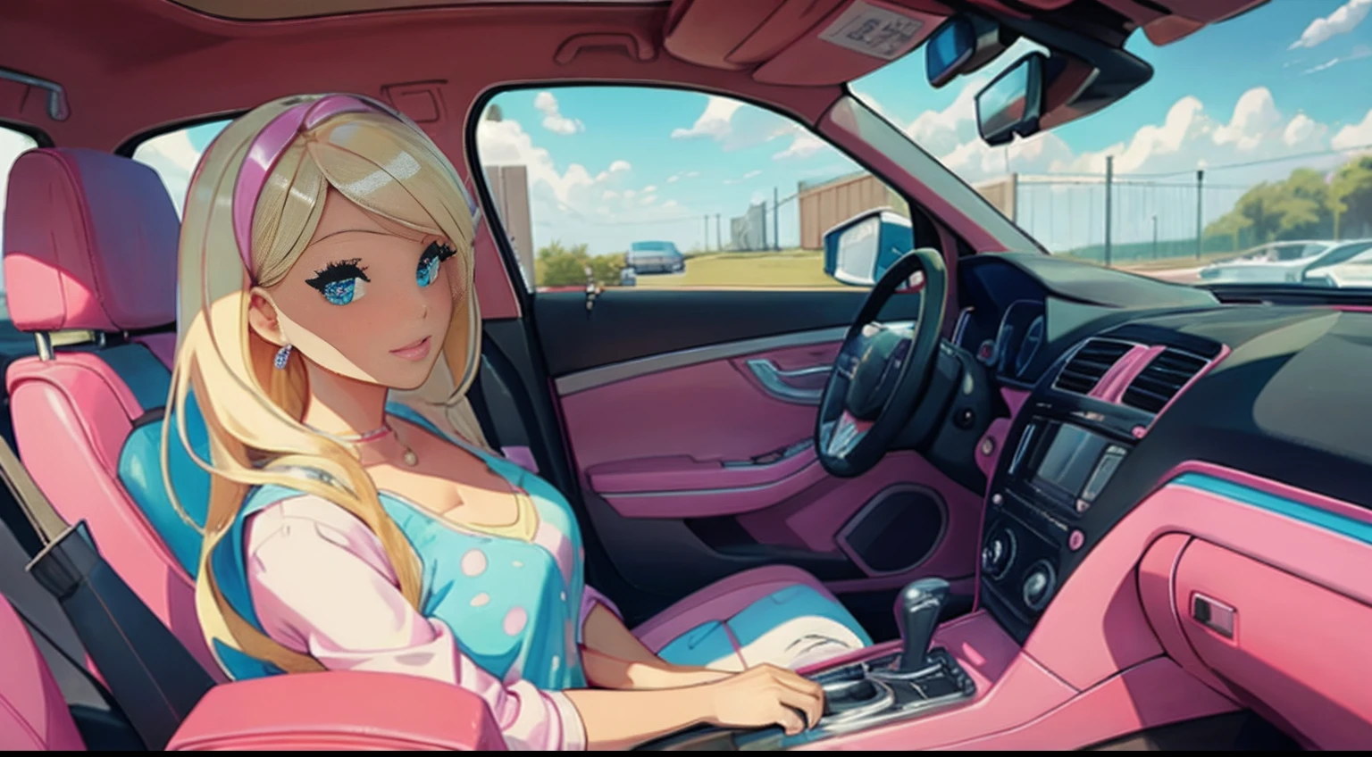 painting full body shot, Barbie blonde hair, driving the pink car with her boyfriend under blue sky