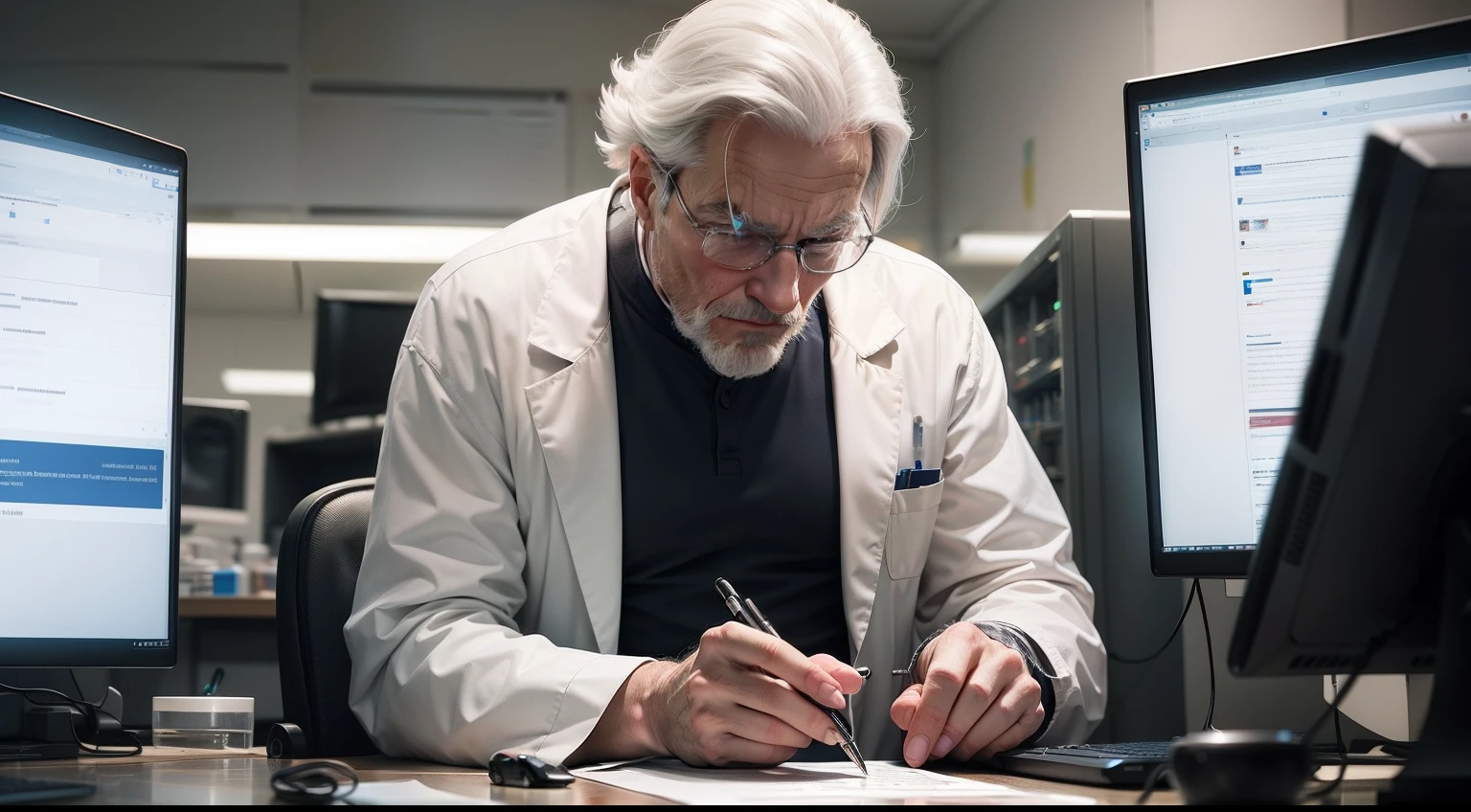 In the lab, there was a man in a white lab coat、Middle-aged male researchers with eyebrows are using computers,Theft of data,Evil expression