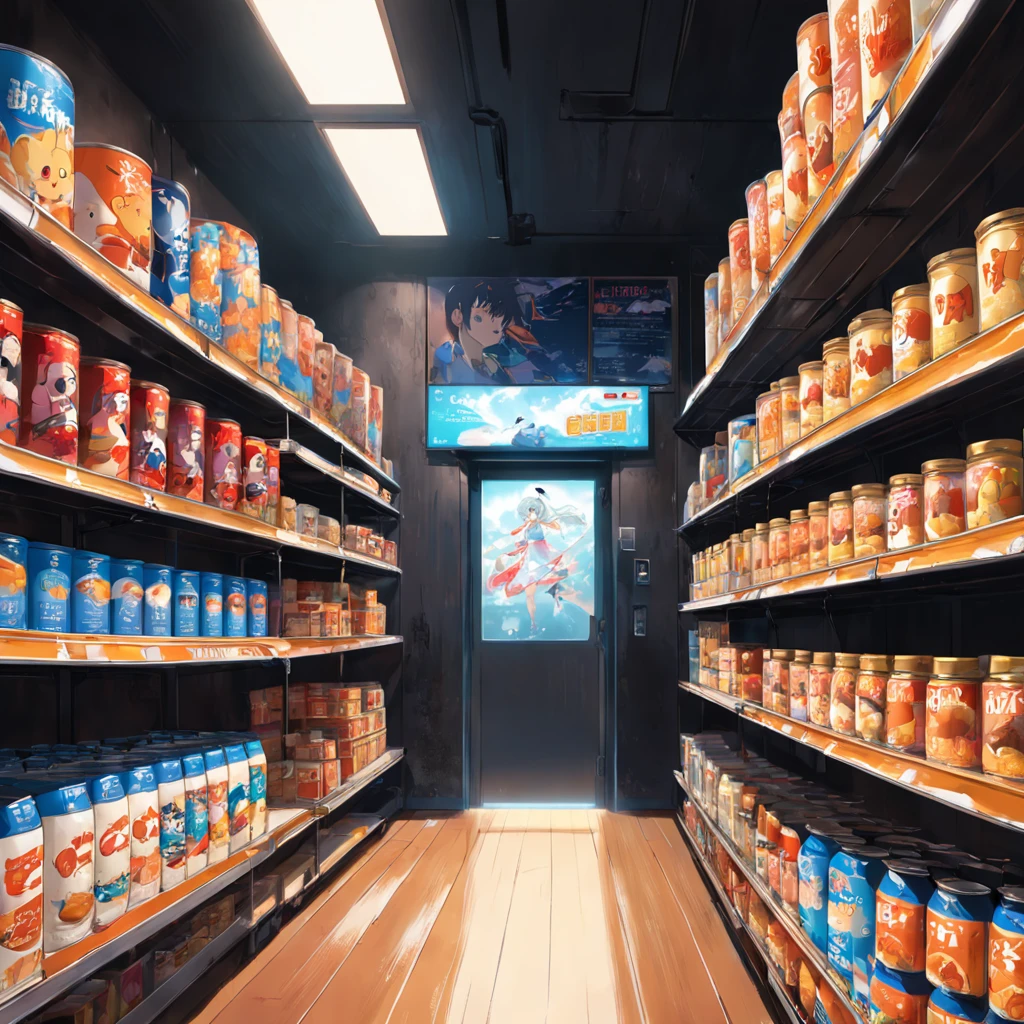 Canned products in the foreground are placed on wooden shelves, Inside the Black Wall store, Square poster with empty space，Board duck