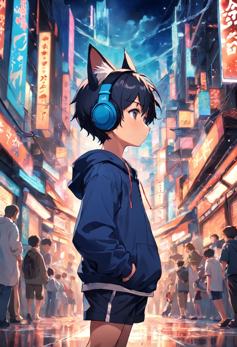 A boy，Kittens，Look at each other，Boys with headphones
